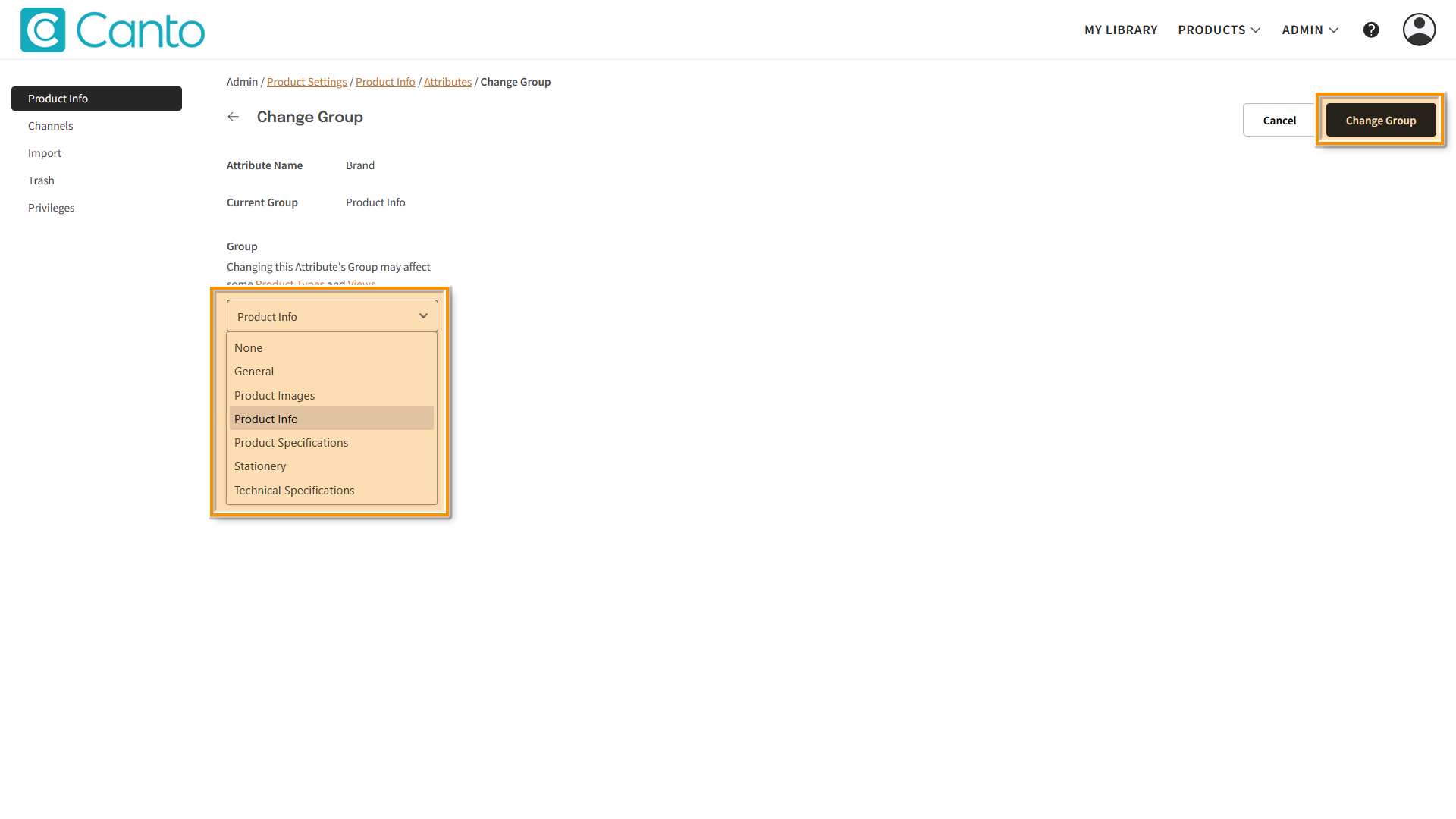 The "Change Group" page - several elements are highlighted.