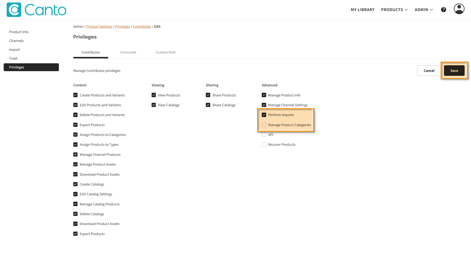 The Canto PIM "Privileges" page - several elements are highlighted.