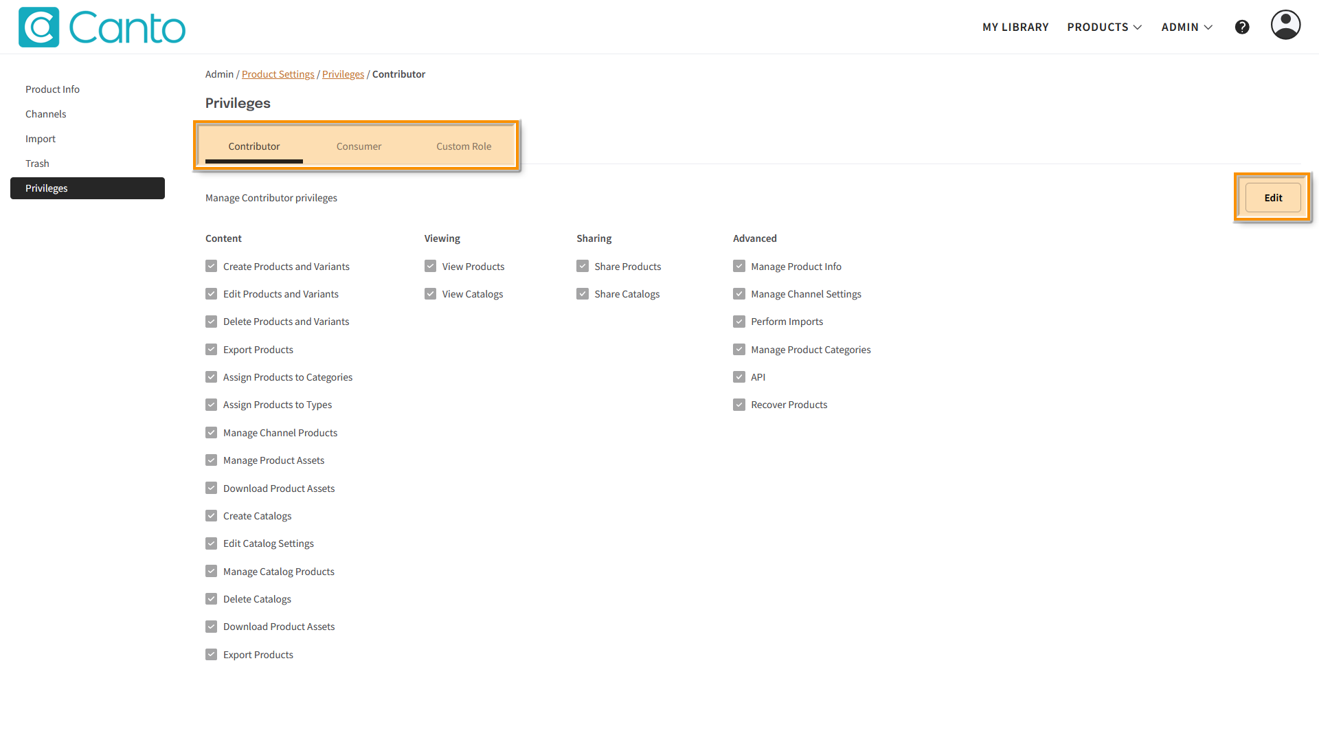 The Canto PIM "Privileges" page - several elements are highlighted.
