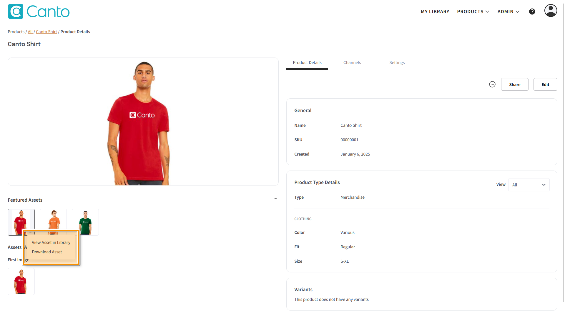 A Product page, the "Product Details" tab is visible - the asset context menu is highlighted.