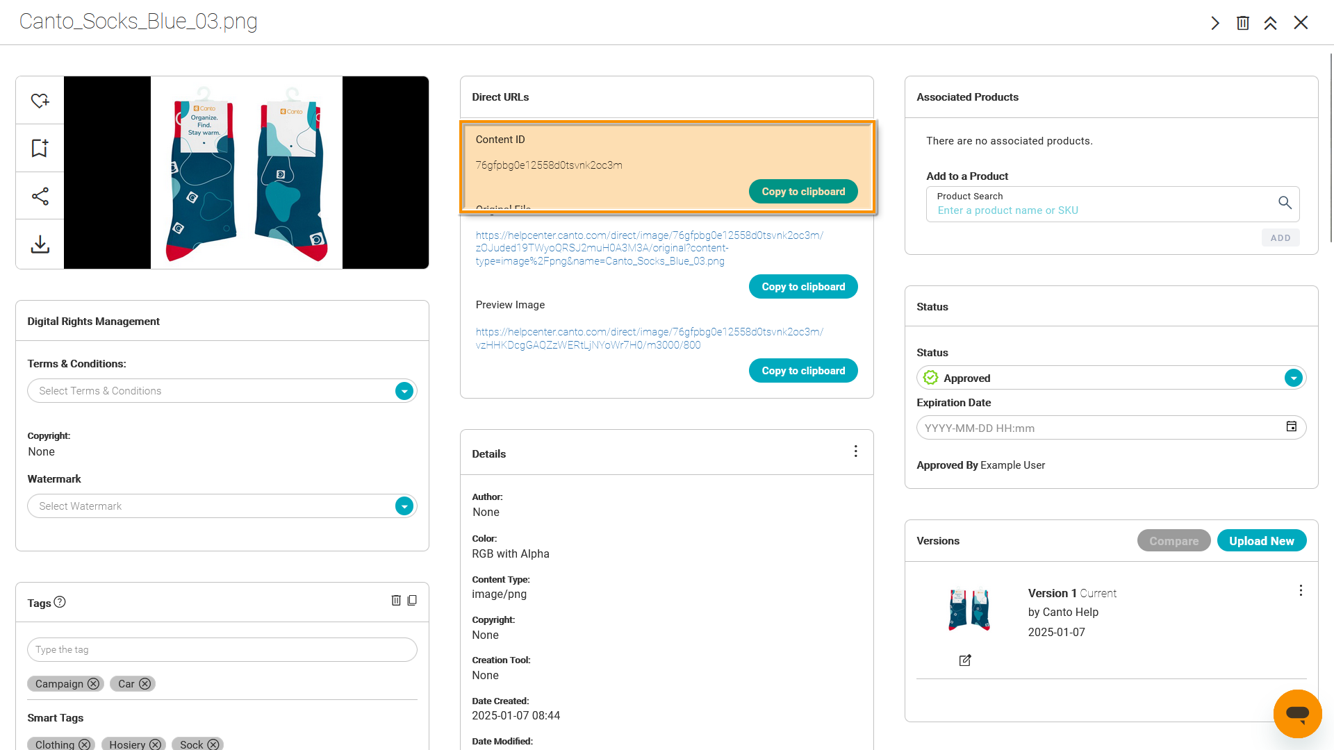 An asset Information Page - the "Content ID" section in the "Direct URLs" field is highlighted.