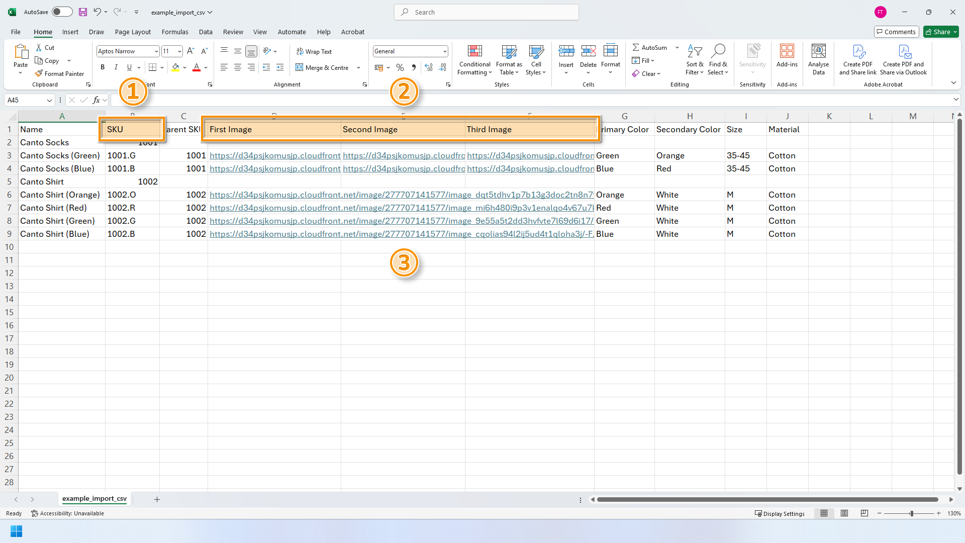 A Microsoft Excel window, a .CSV file is visible - several elements are highlighted.