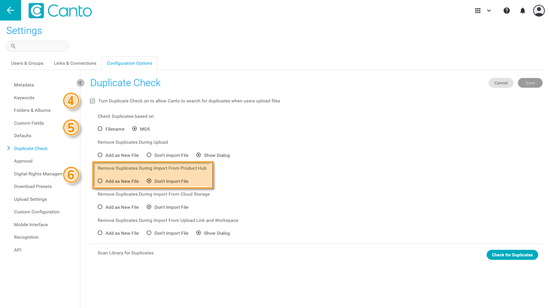 The Settings page, the Duplicate Check section is visible - several elements are highlighted.