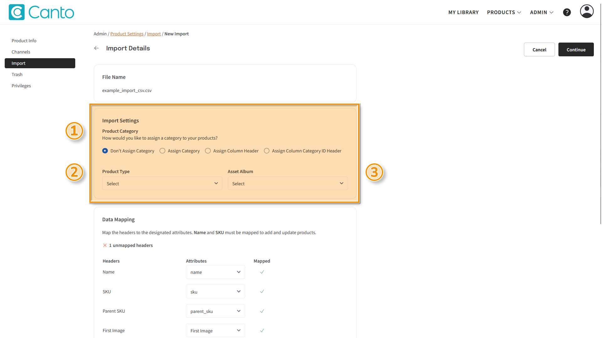 The "Import Details" page - several elements are highlighted.