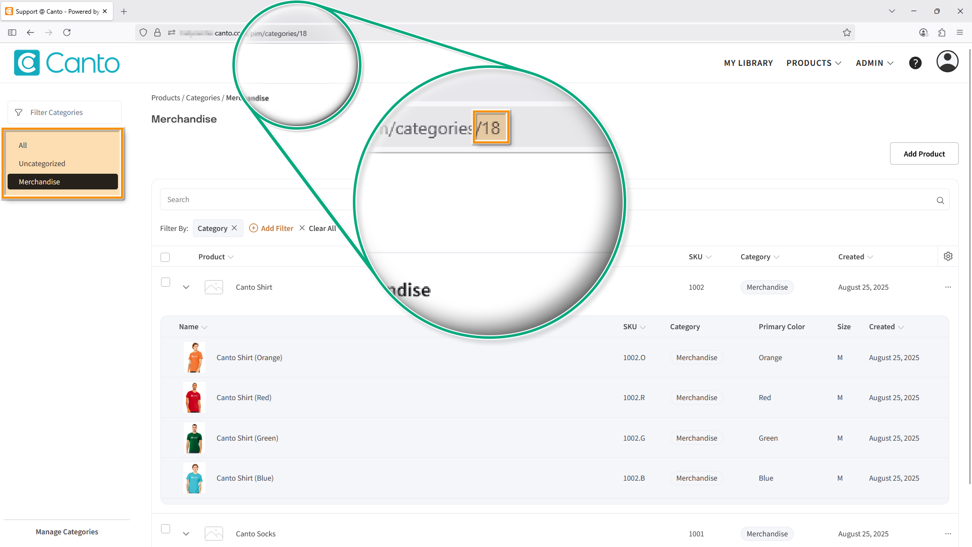 A browser window showing the Product Hub - several elements are highlighted.