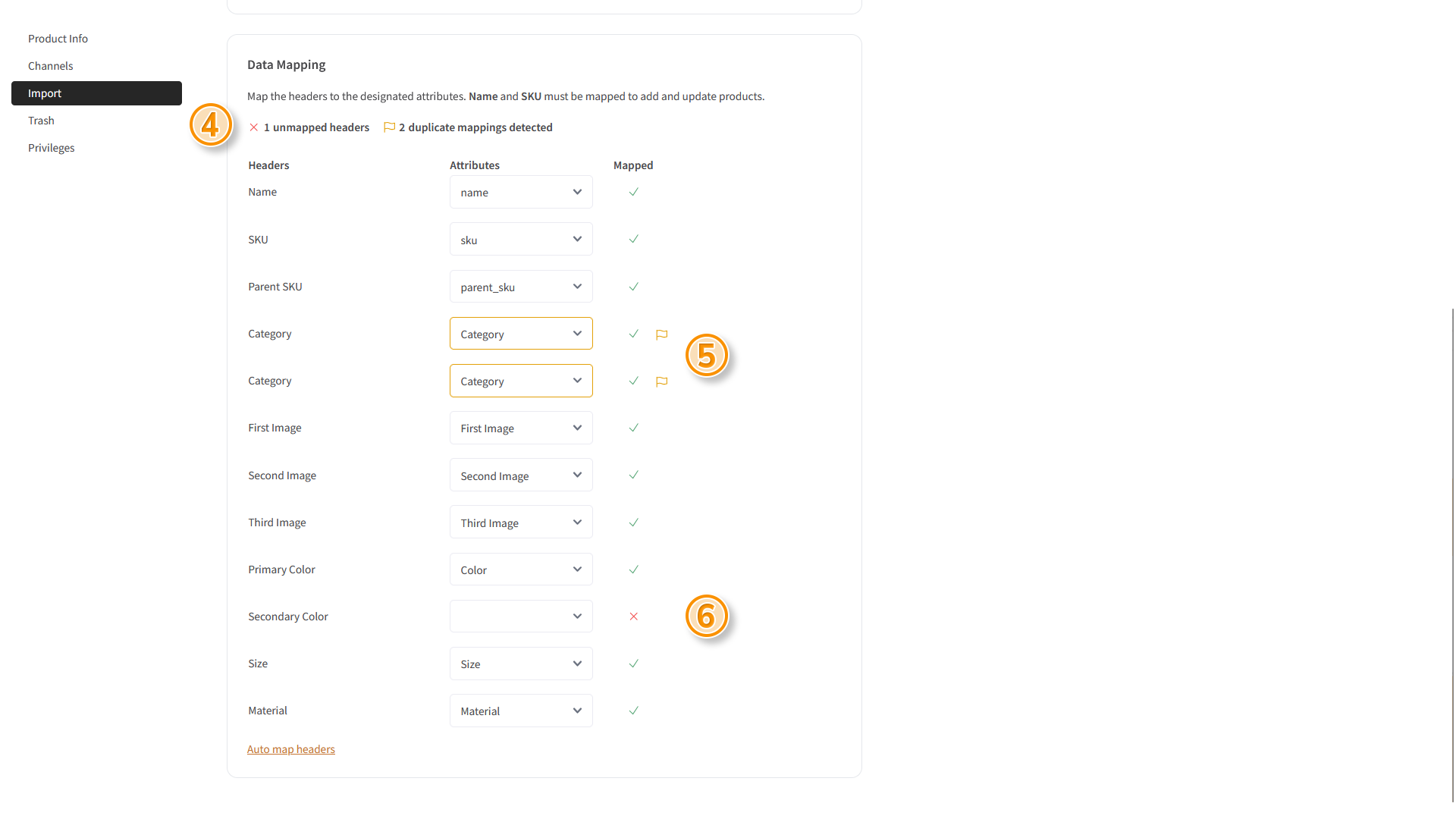 The "Import Details" page - several elements are highlighted.