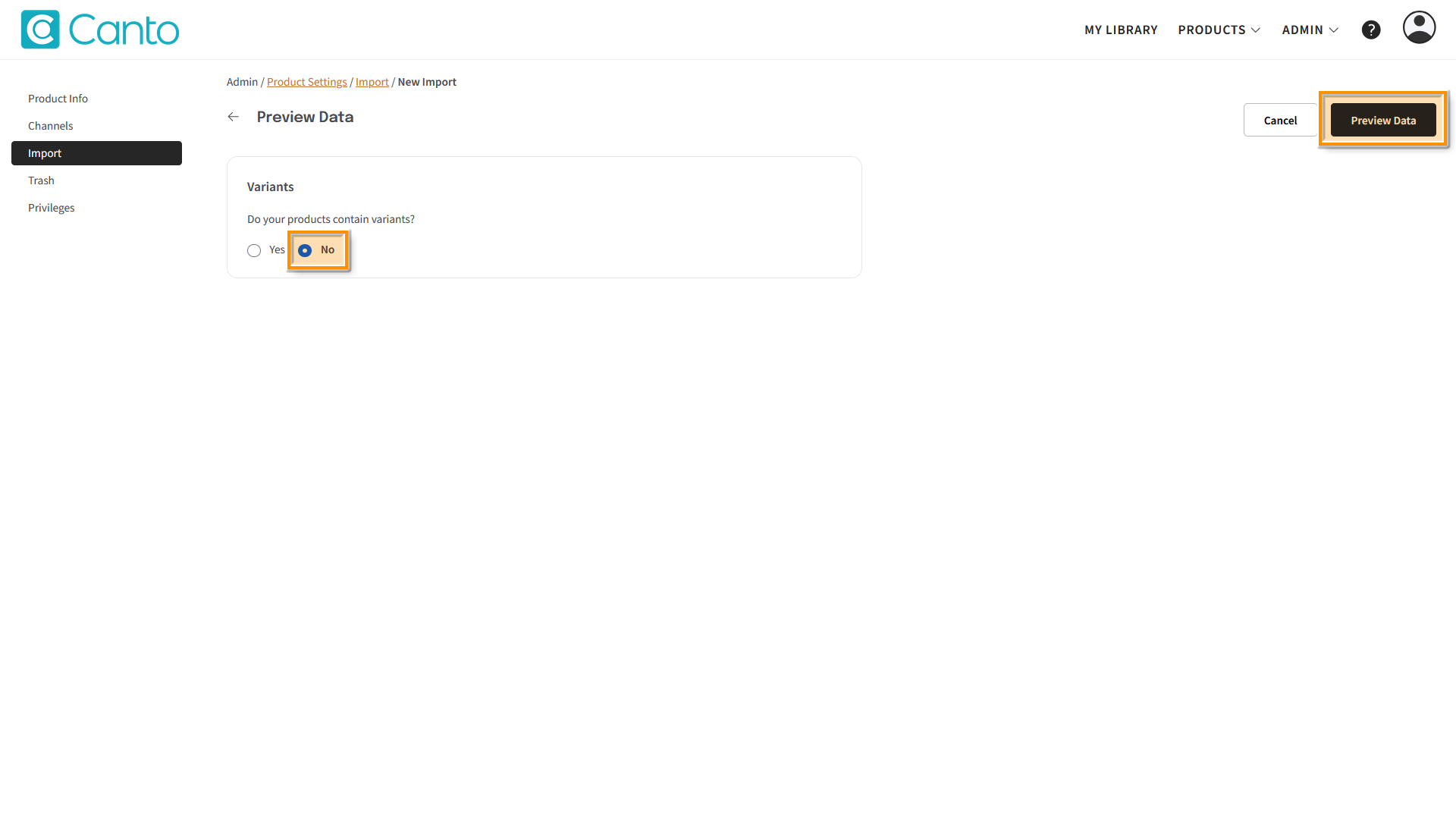 The "Preview Data" page - several elements are highlighted.