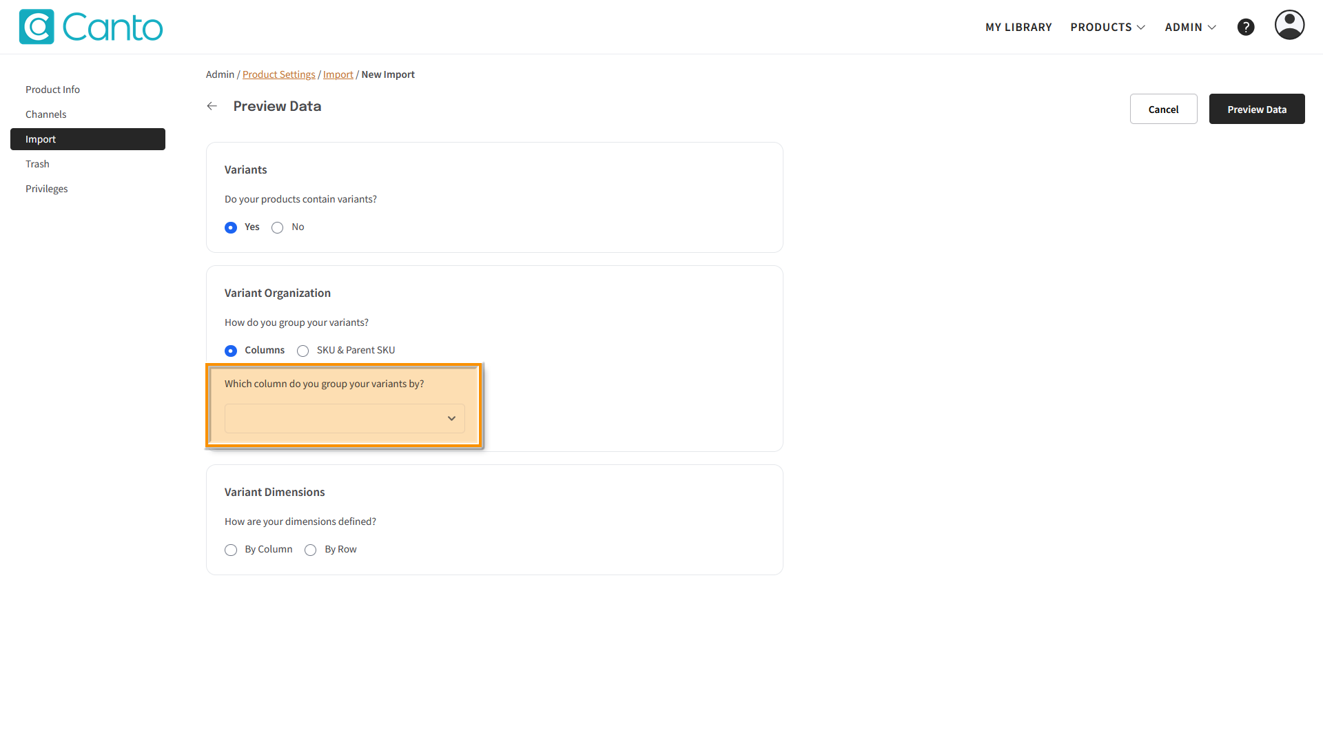 The "Preview Data" page - the selection field for Variant Organization option "Columns" is highlighted.