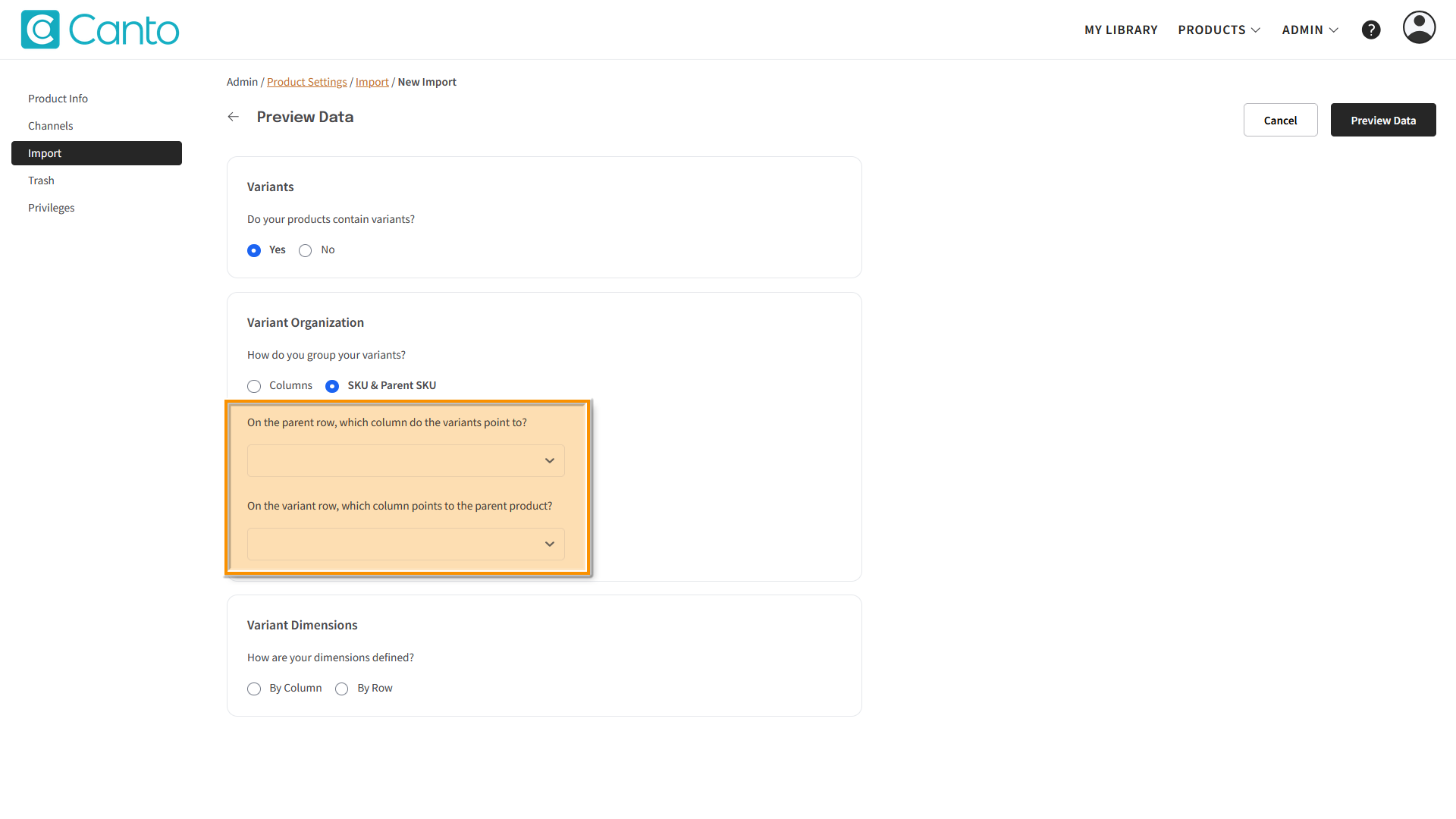 The "Preview Data" page - the selection fields for the Variant Organization option "SKU & Parent SKU" are highlighted.