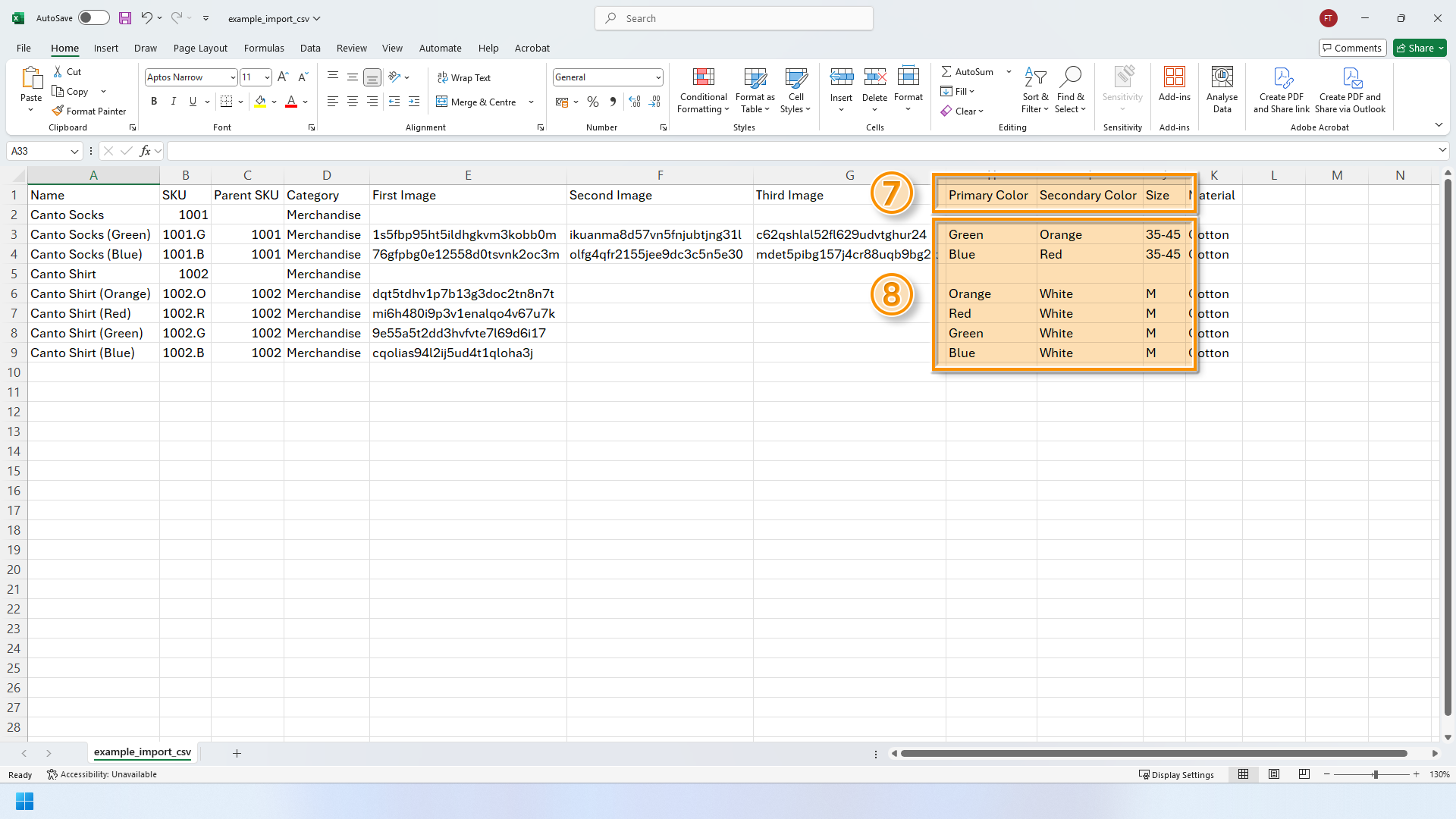 An example .CSV file - the columns containing Variant Dimensions and Dimension Options are highlighted.