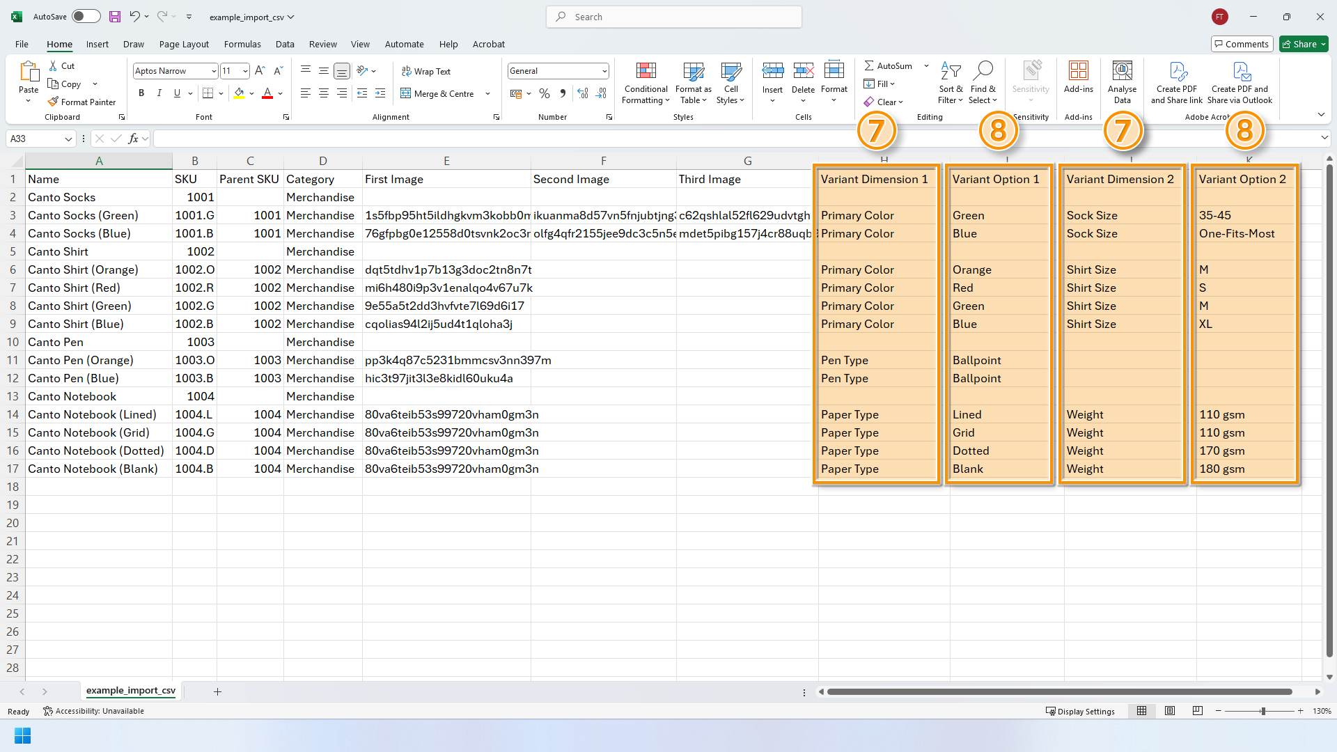 An example .CSV file - the columns containing Variant Dimensions and Dimension Options are highlighted.