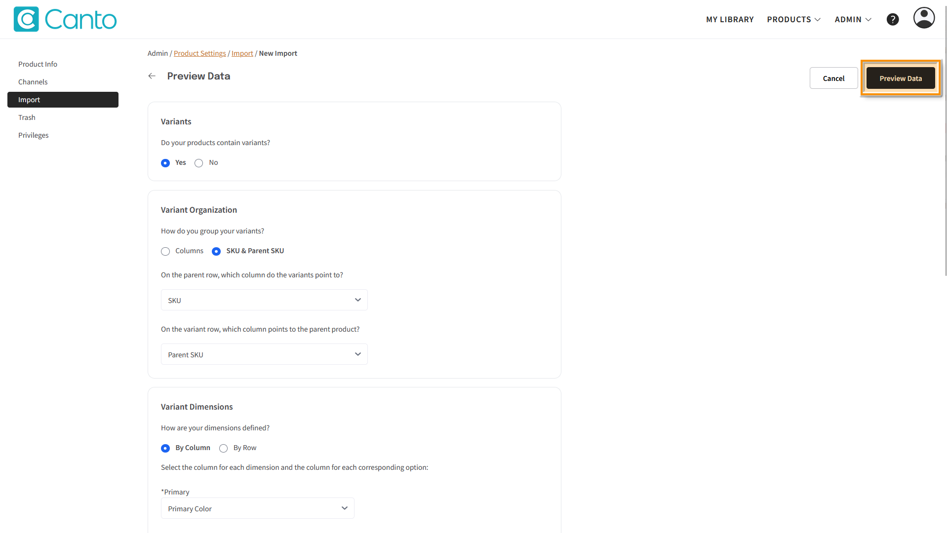 The "Preview Data" page - the "Preview Data" button is highlighted.