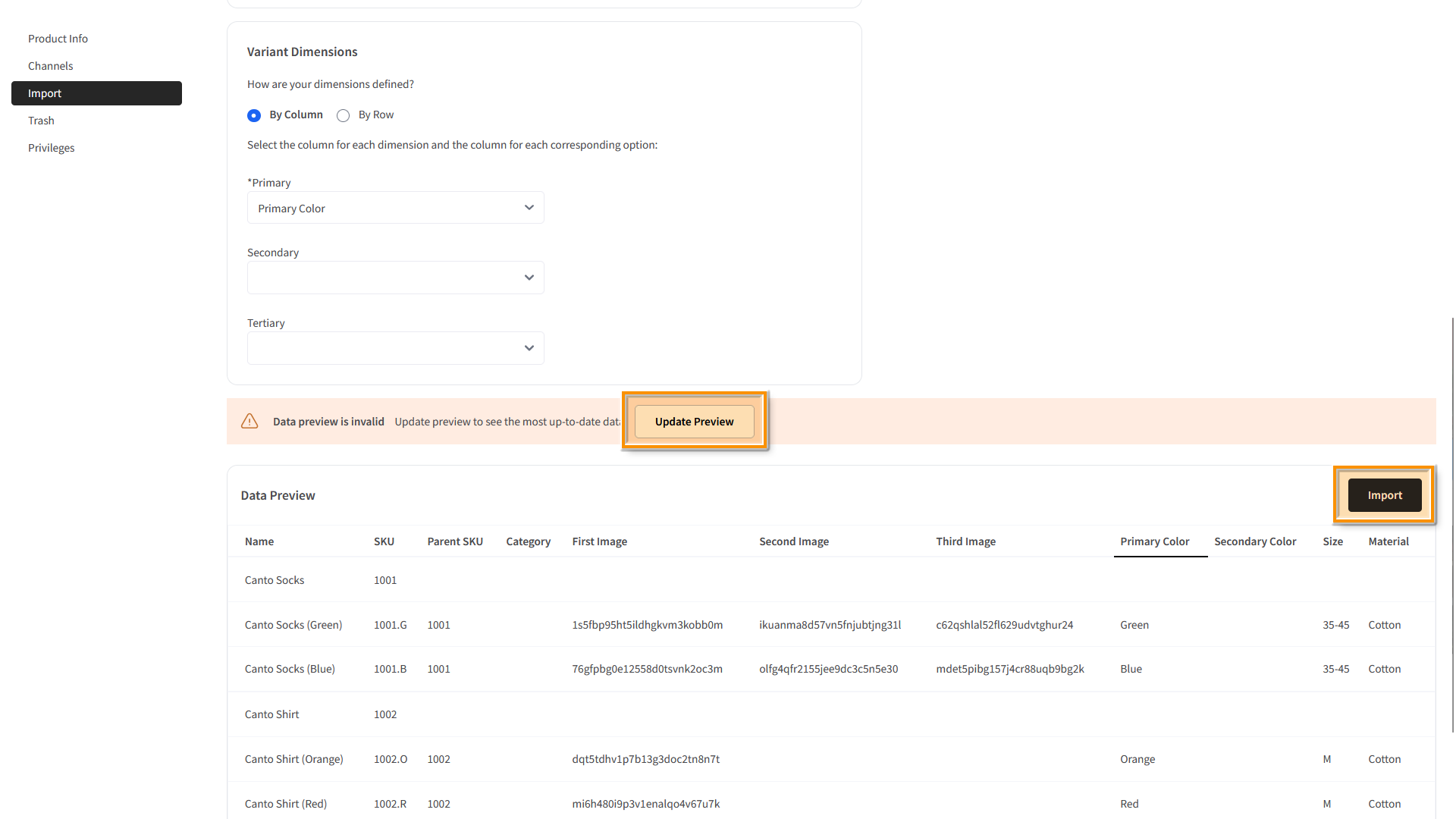 The "Preview Data" page - several elements are highlighted.