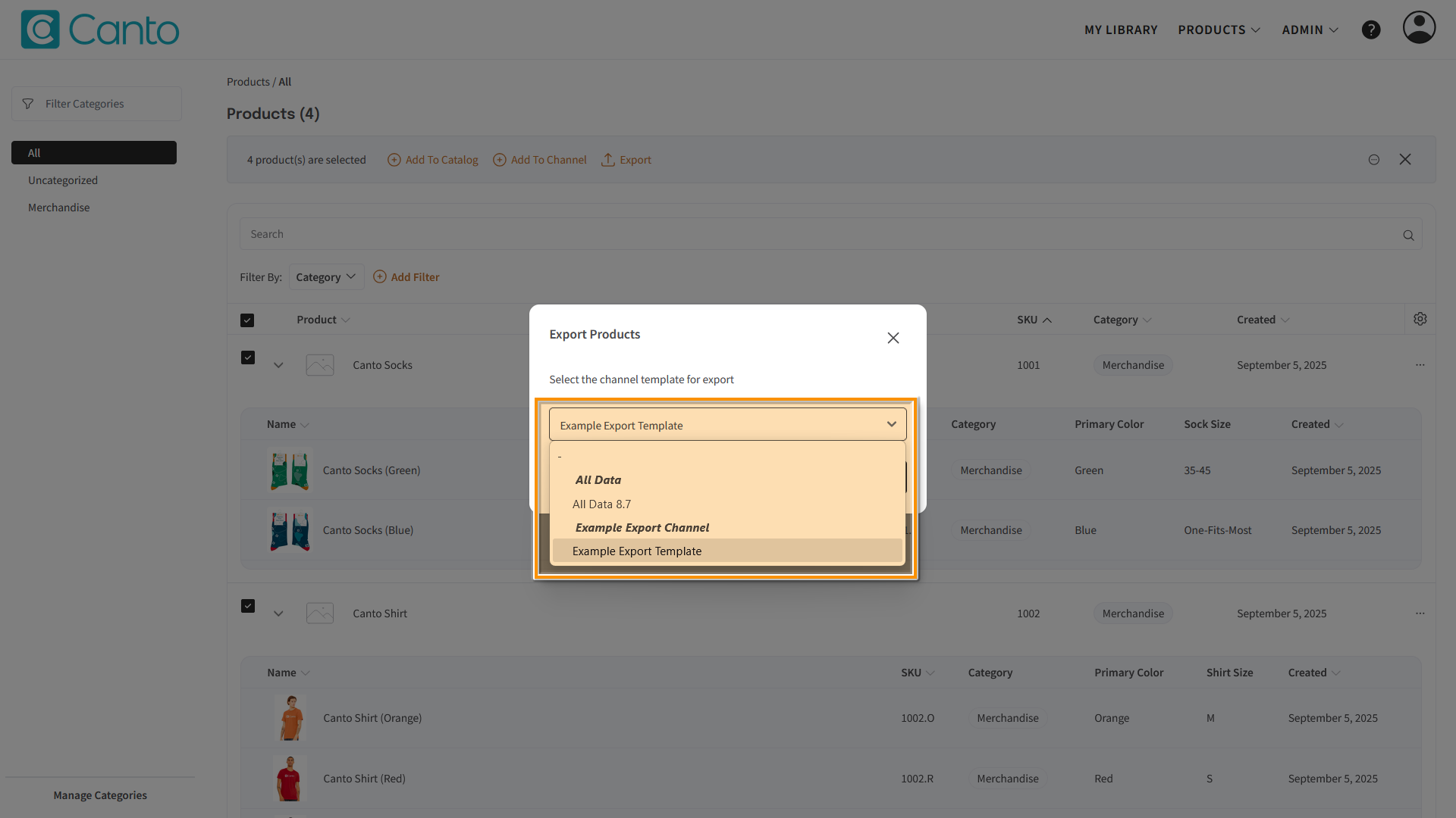 The Product Hub, the "Export Products" overlay is visible - the Export Channel drop-down menu is highlighted.