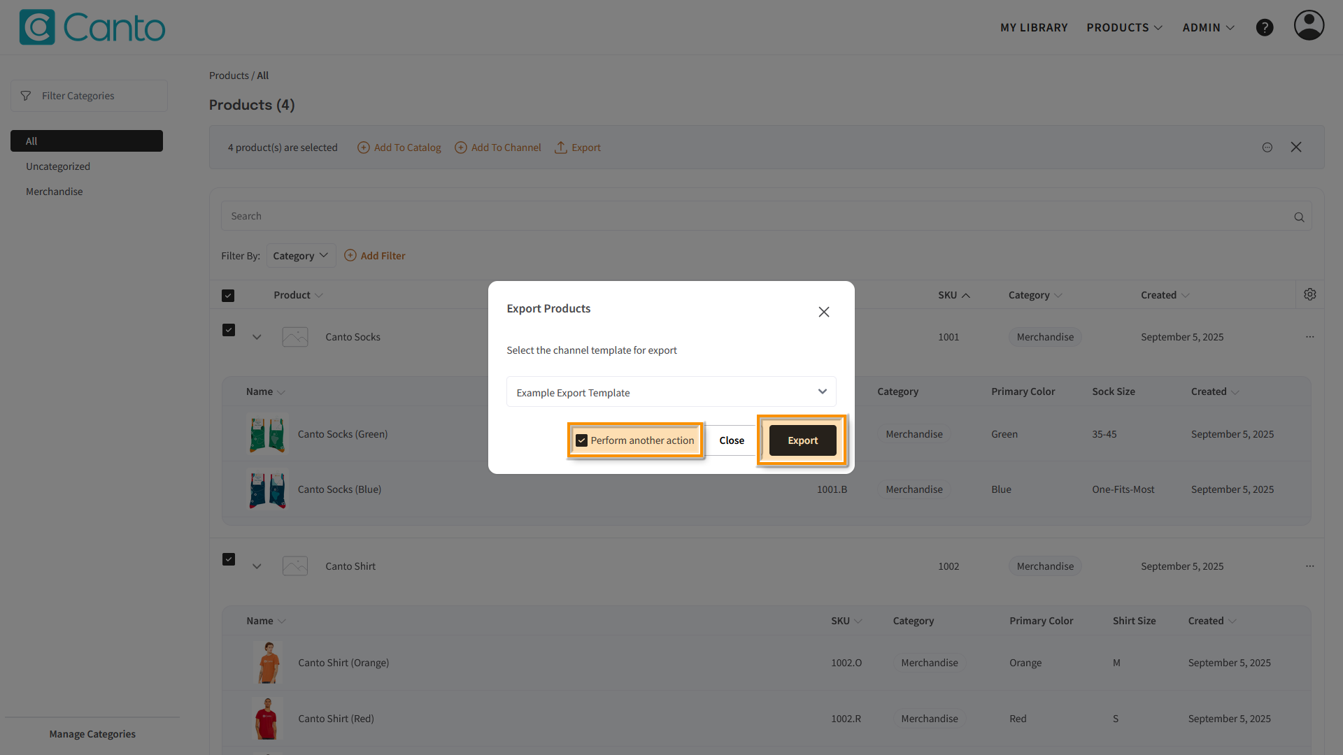 The Product Hub, the "Export Products" overlay is visible - several elements are highlighted.