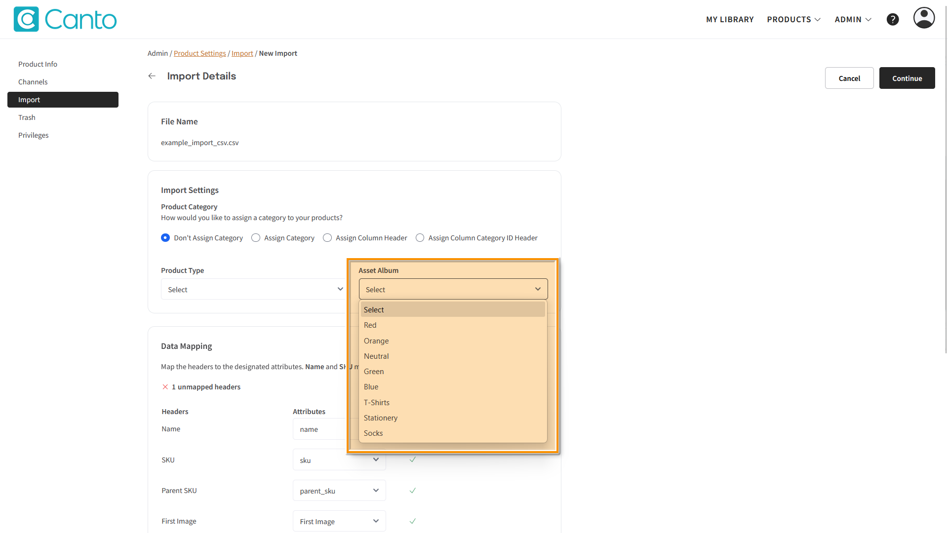 The "Import Details" page - the "Asset Album" drop-down menu is highlighted.