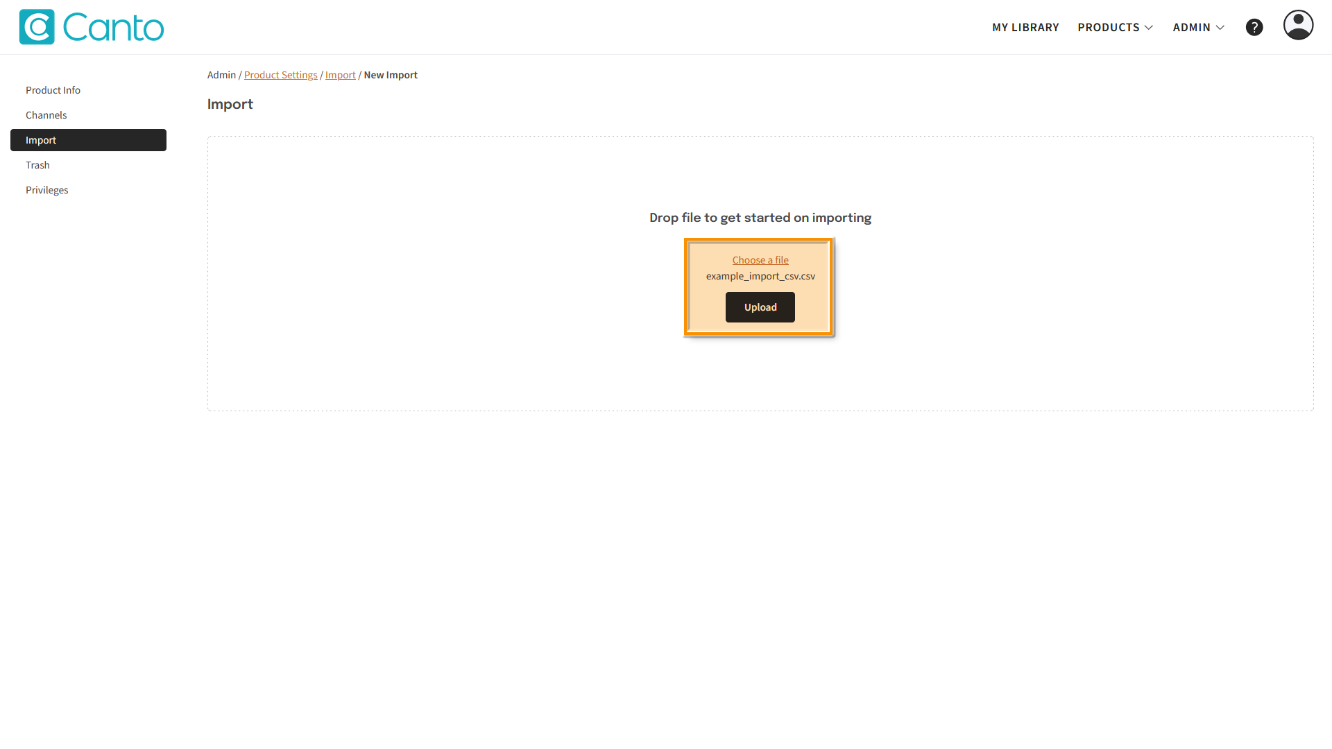 The Import page - the "Choose a file" dialog is highlighted.
