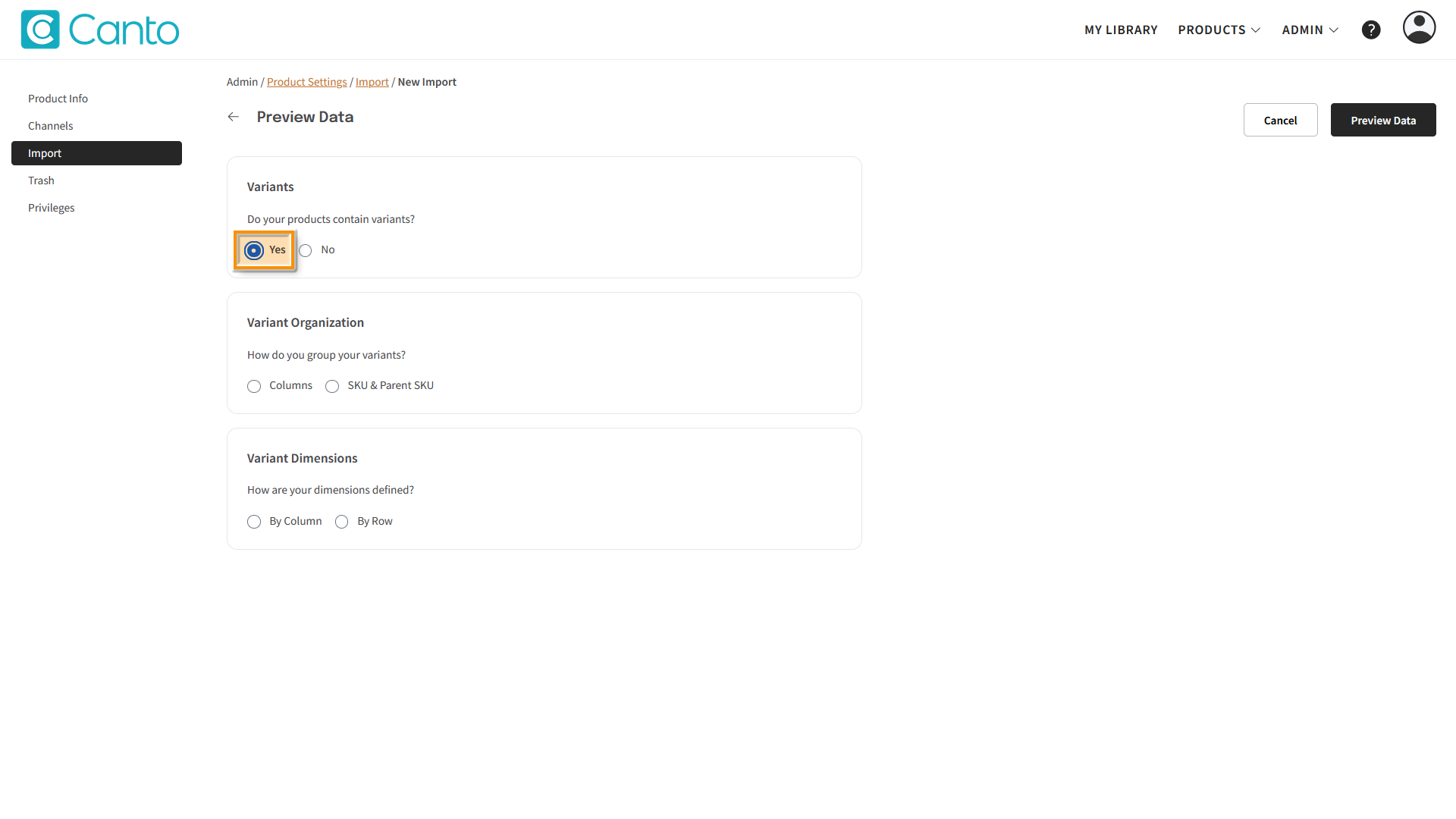 The "Preview Data" page - the "Yes" option in the "Variants" section is highlighted.