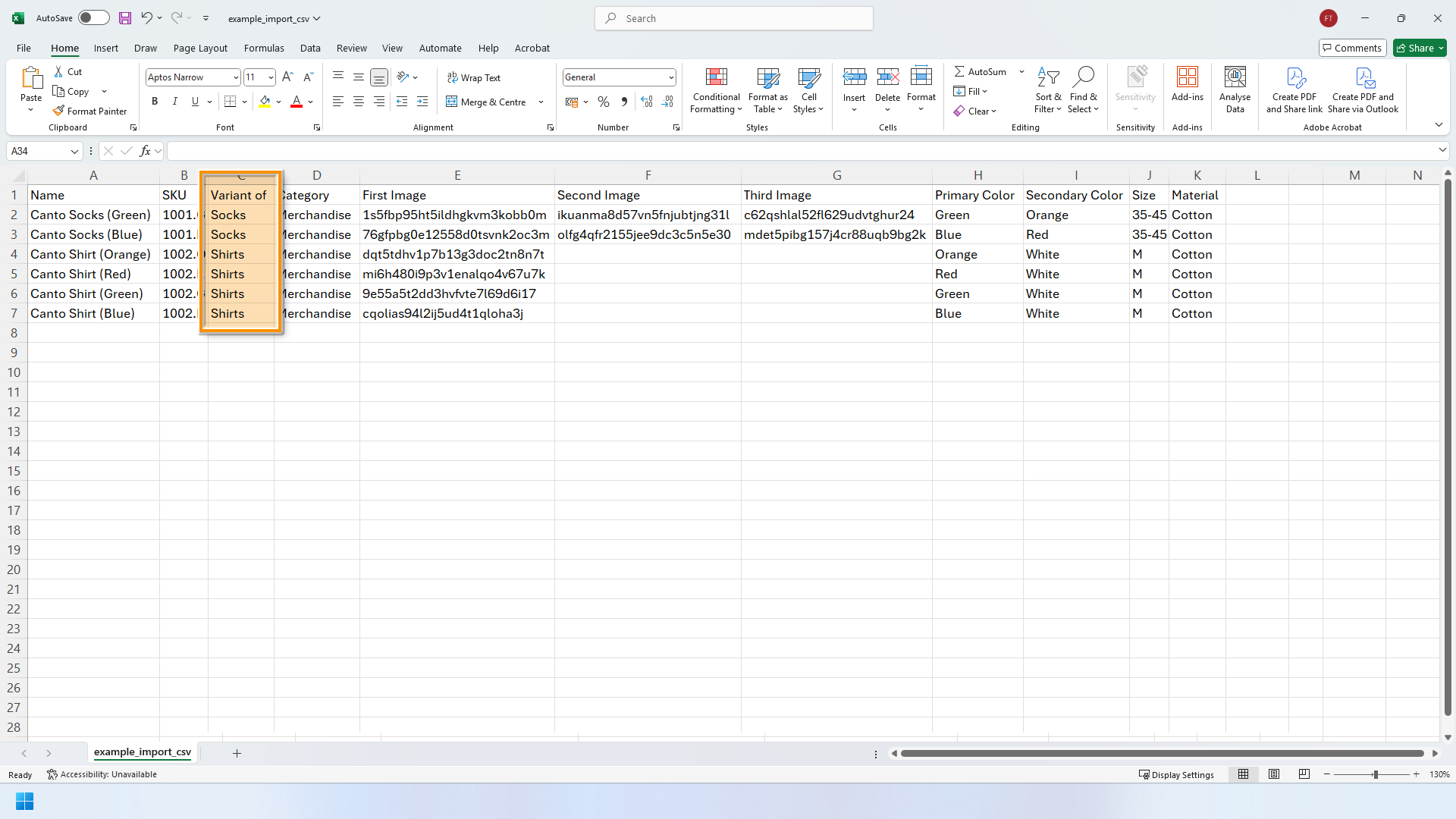 An example .CSV file - the column with the header "Variant of" is highlighted.