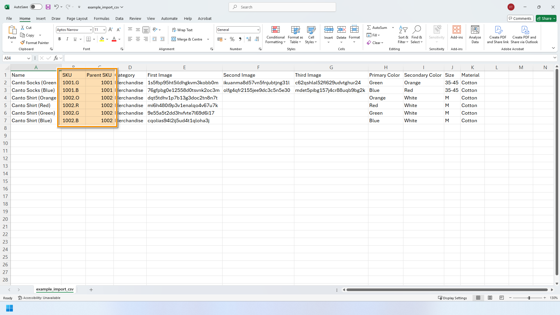 An example .CSV file - the column with the headers "SKU" and "Parent SKU" are highlighted.