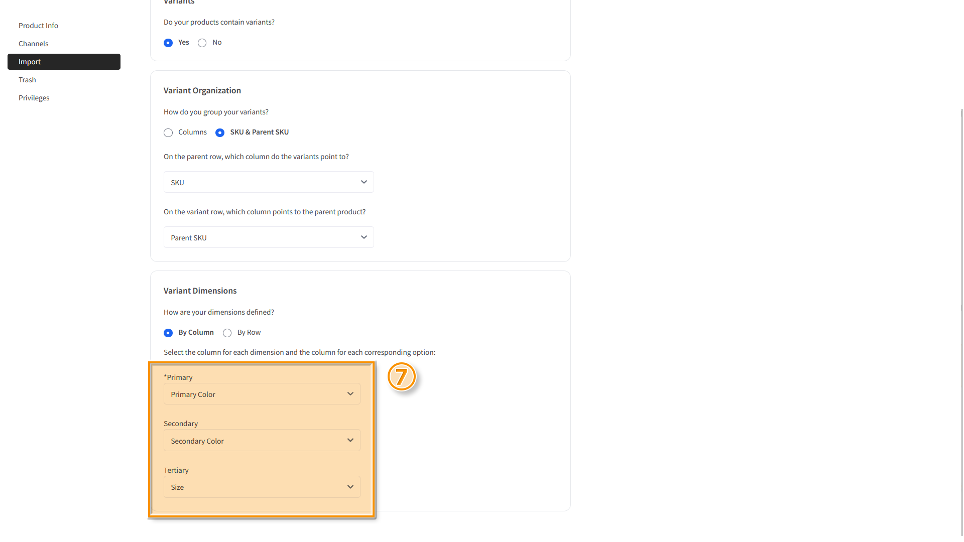 The "Preview Data" page - the selection fields for the Variant Dimensions option "By Column" are highlighted.