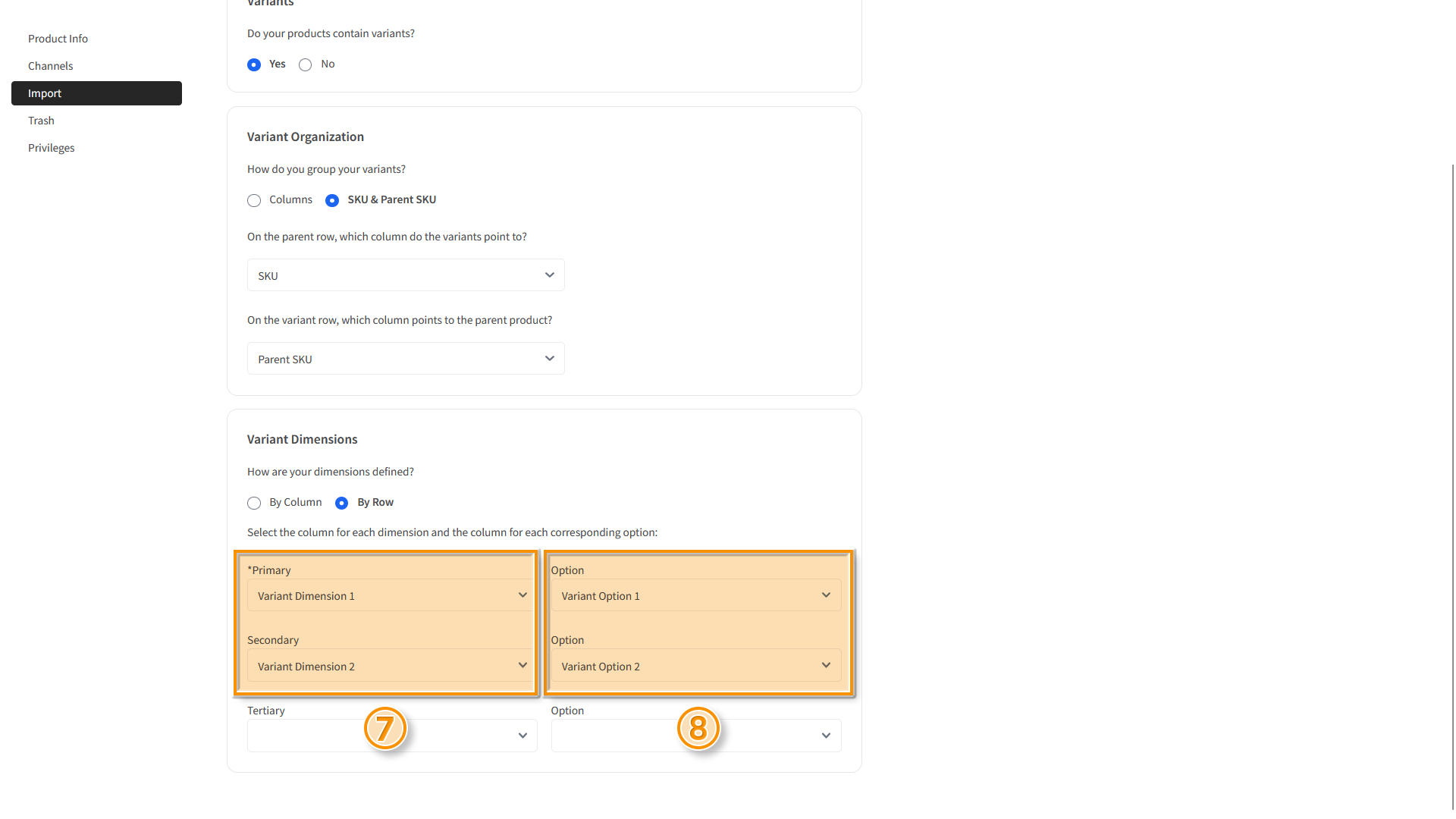 The "Preview Data" page - the selection fields for the Variant Dimensions option "By Row" are highlighted.