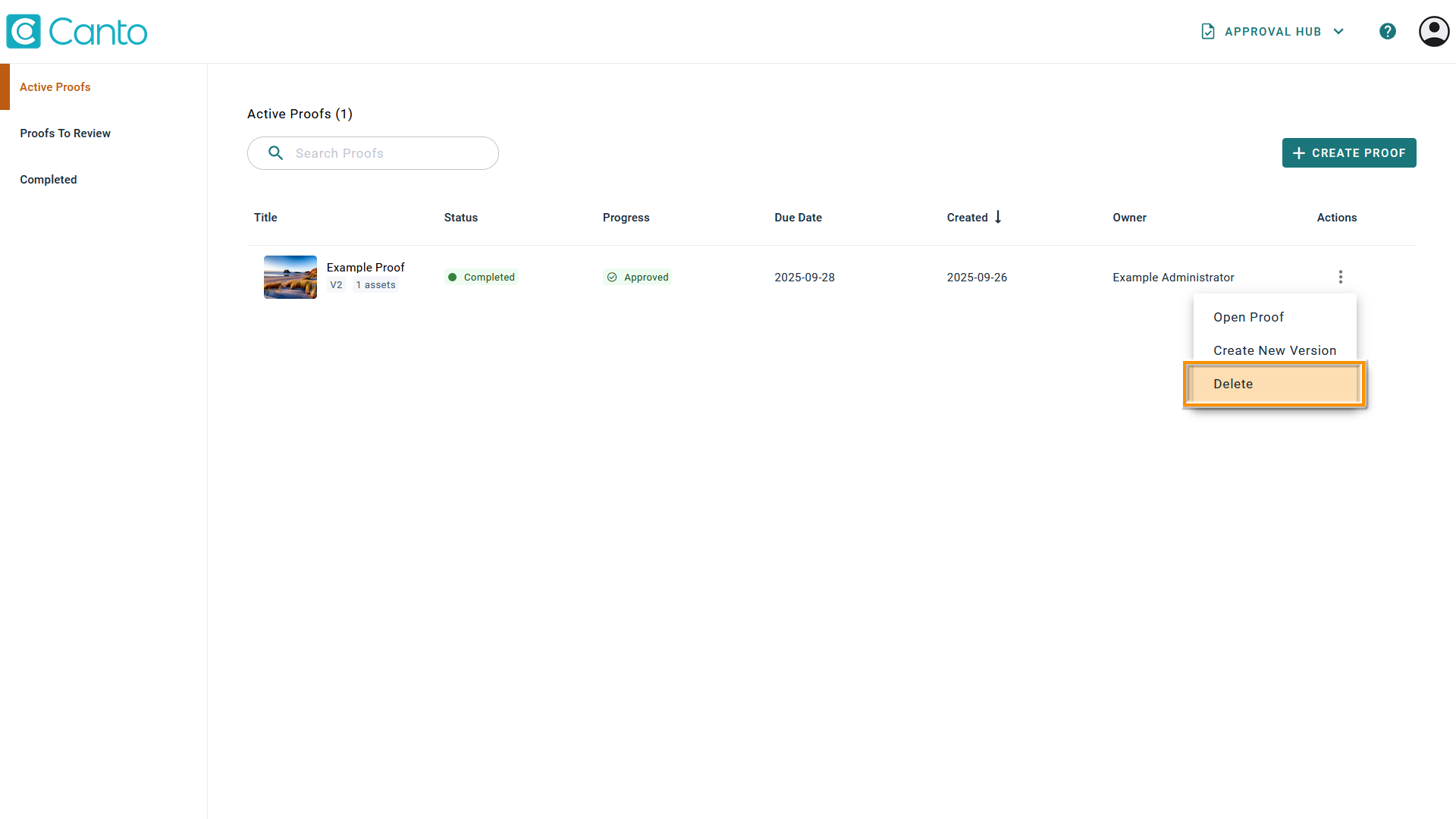 Approval Hub - the "Delete" option is highlighted.