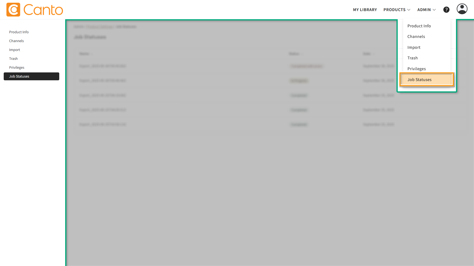 The Product Hub - the "Job Statuses" item is highlighted.