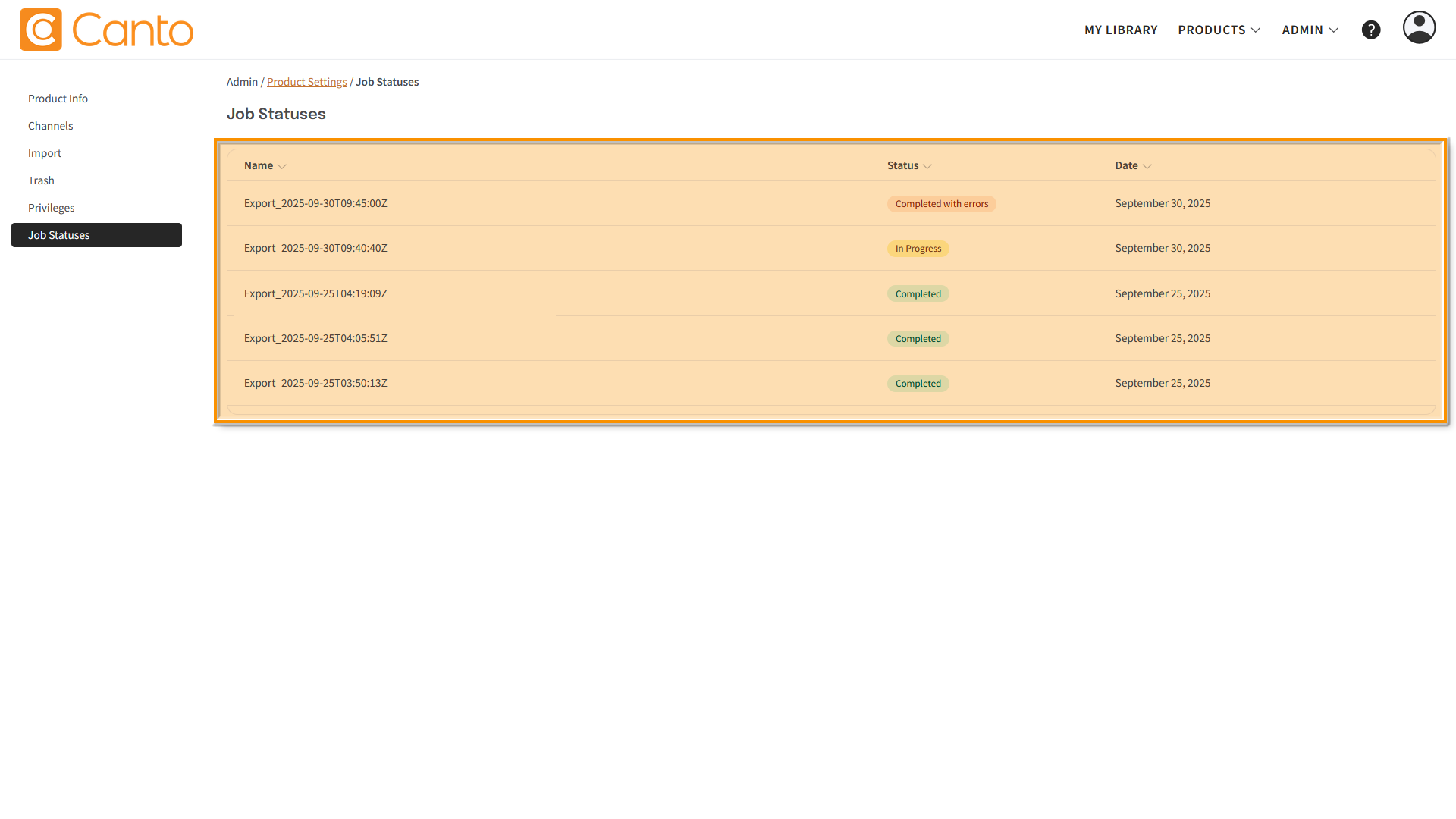 The Product Hub, the "Job Statuses" page - several elements are highlighted.