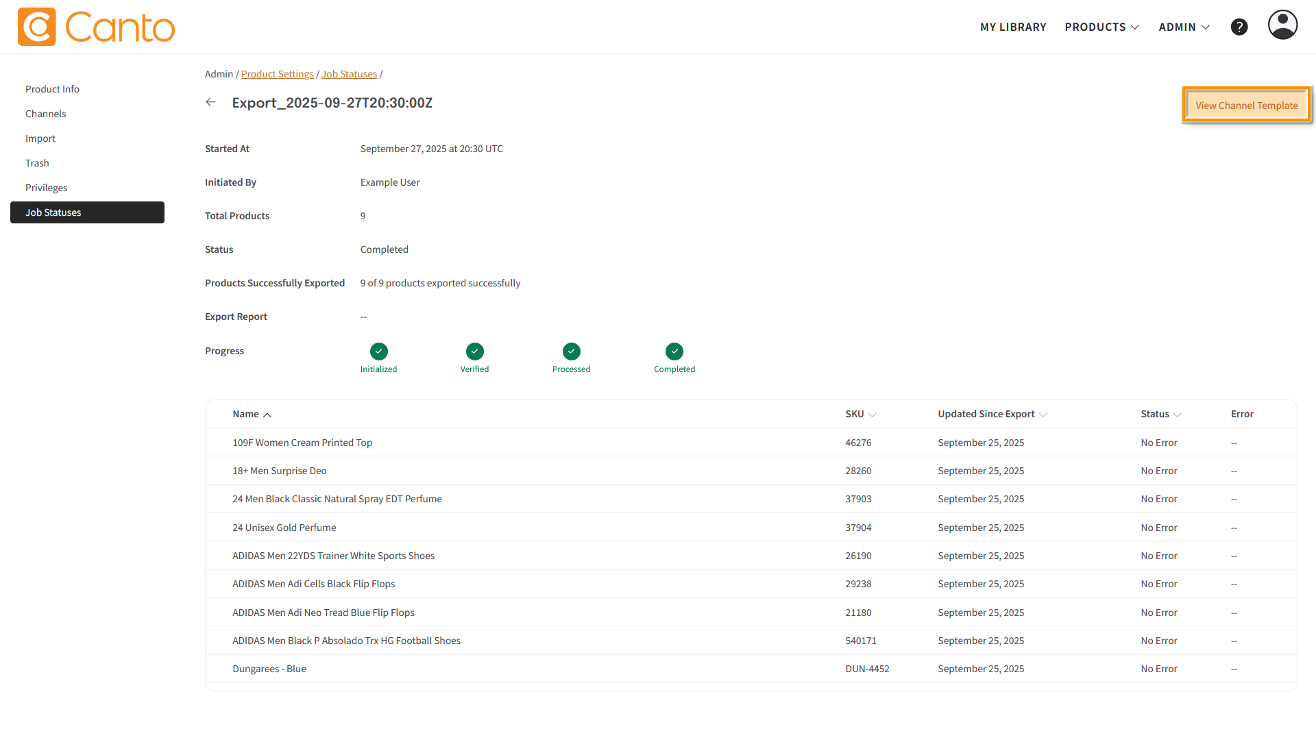 A Job Status Report for a completed job - the "View Channel Template" button is highlighted.