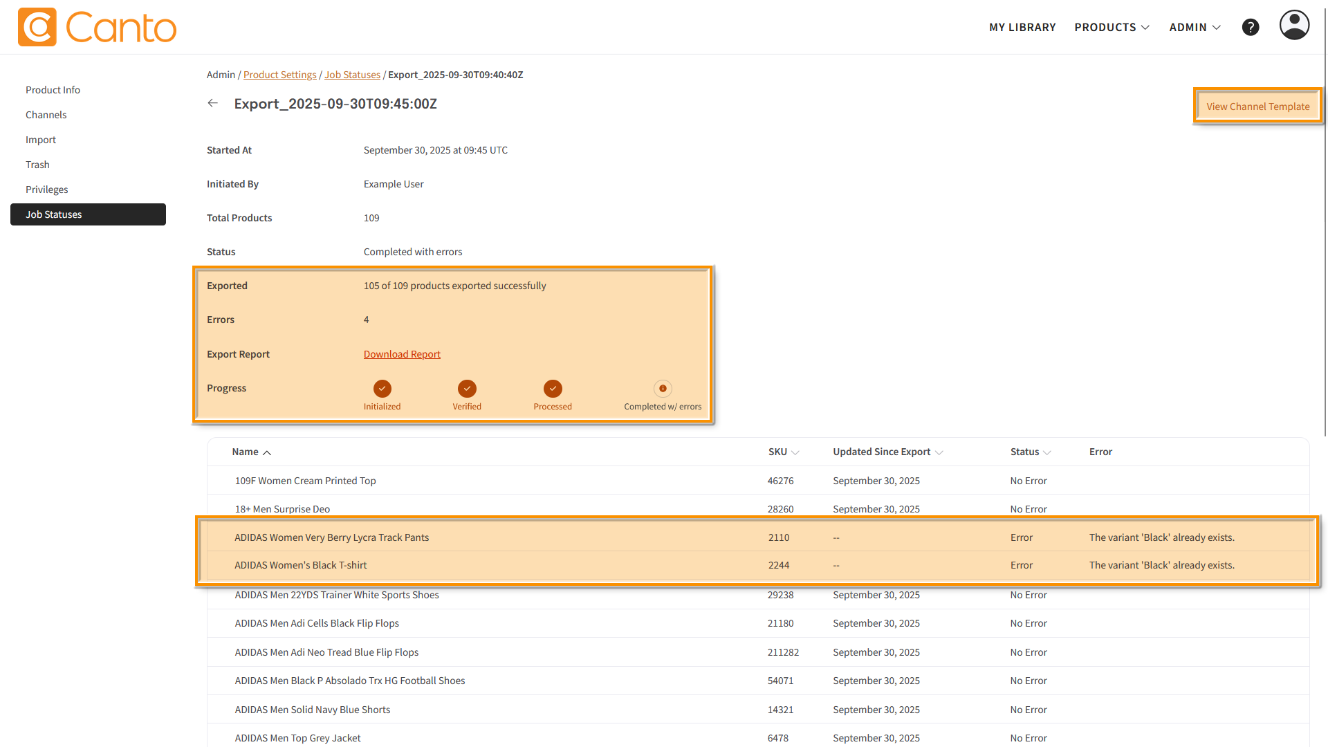 A Job Status Report for a job with errors - several elements are highlighted.