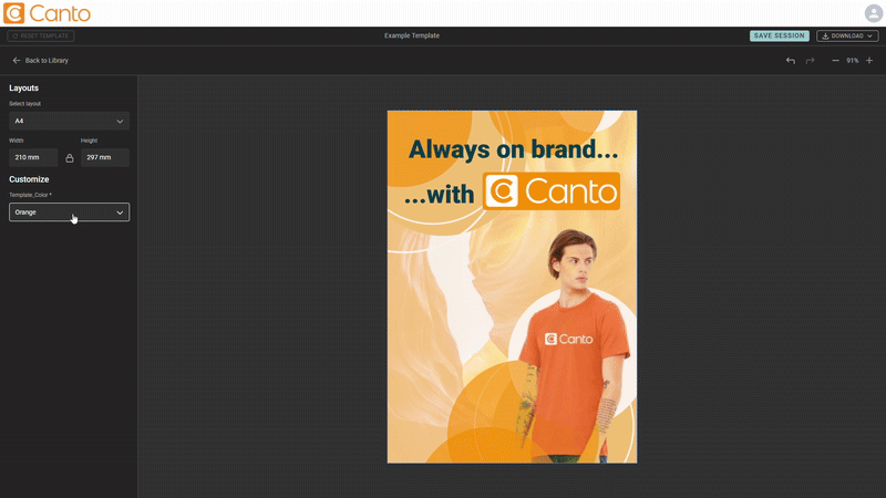 An animation showing Brand Studio - the customization option "Template Color" is changed from "Orange" to "Blue".
