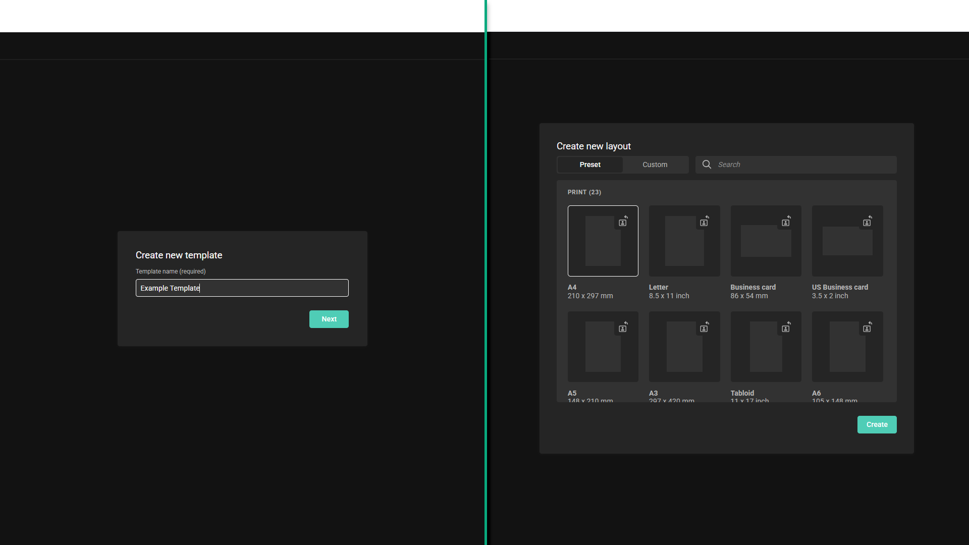 A split view of Brand Studio - the left side shows the name input, the right the layout selection.