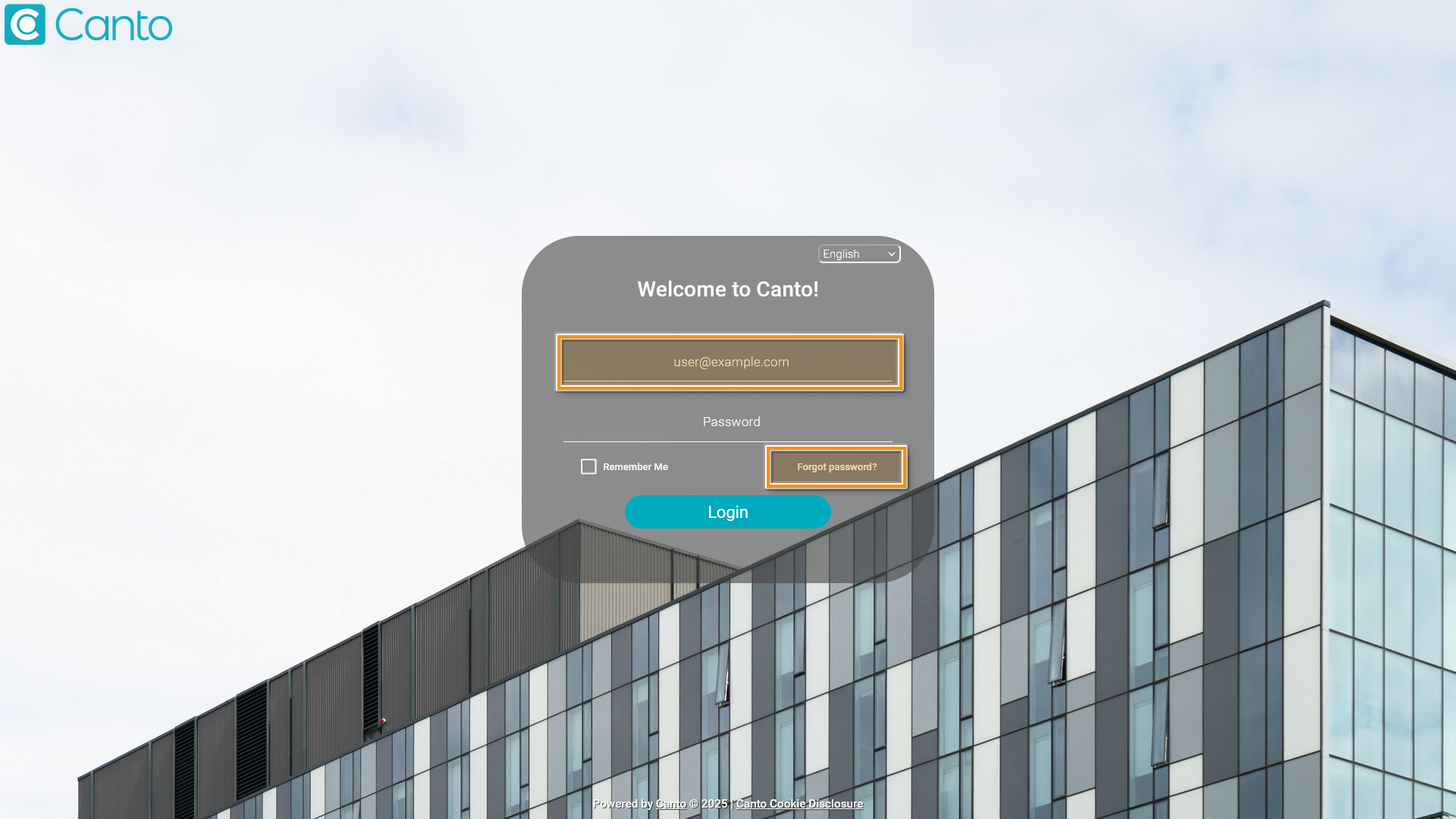 The login page of a Canto tenant - several elements are highlighted.