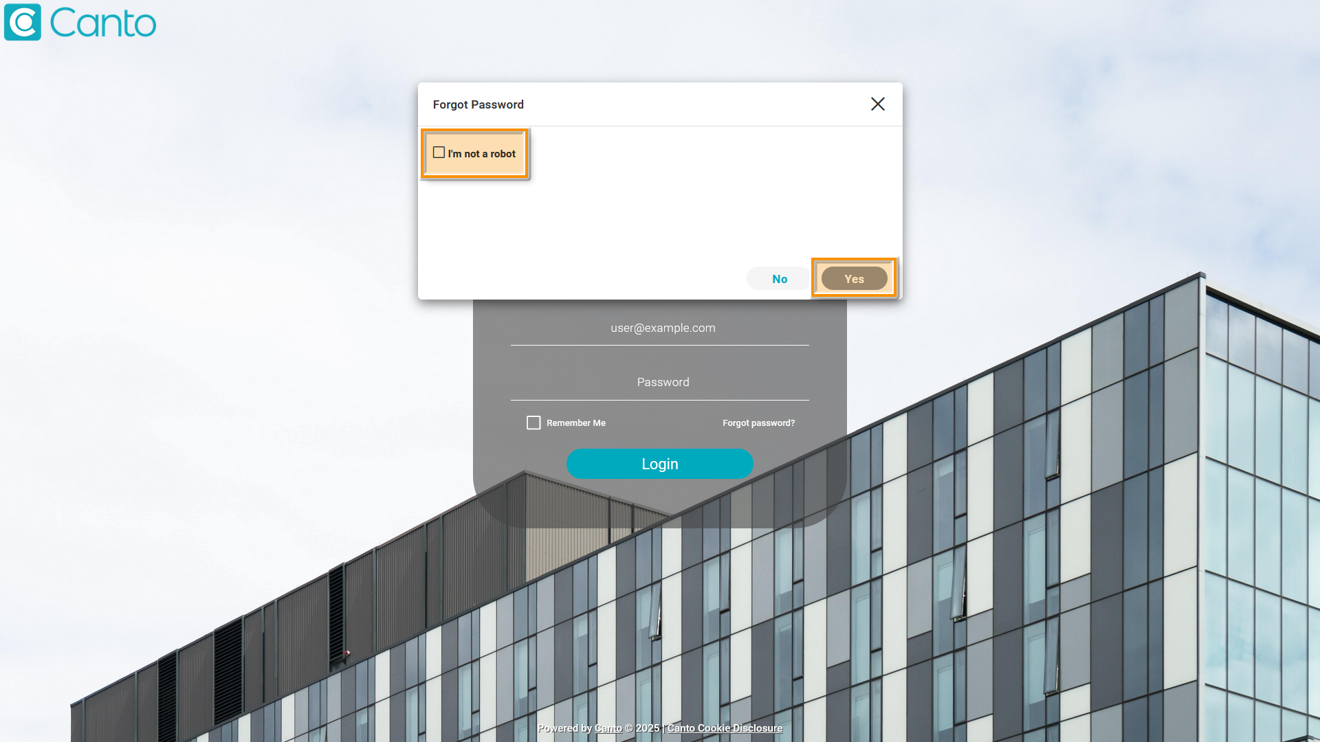 The login page of a Canto tenant - several elements are highlighted.