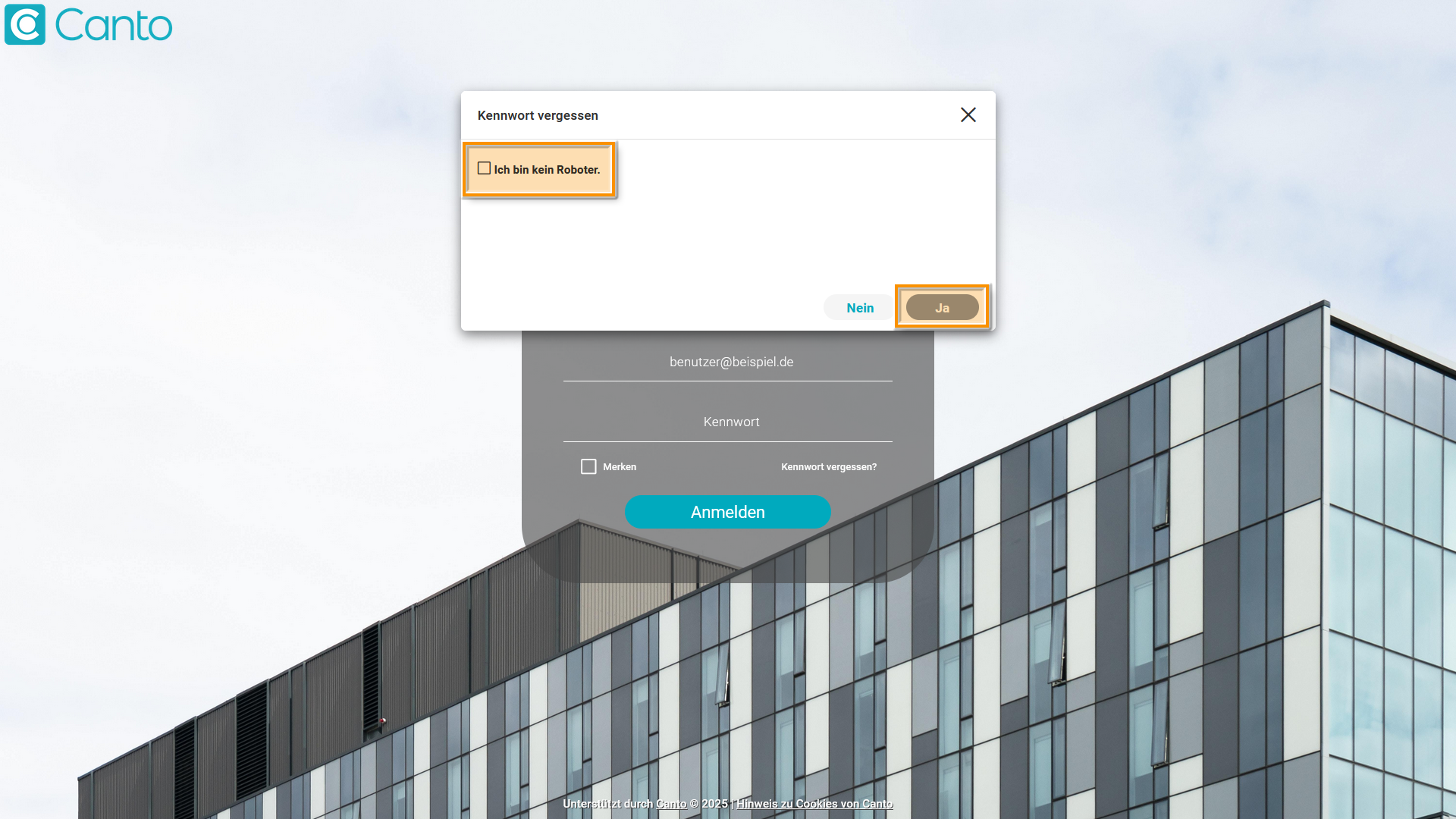 The login page of a Canto tenant - several elements are highlighted.