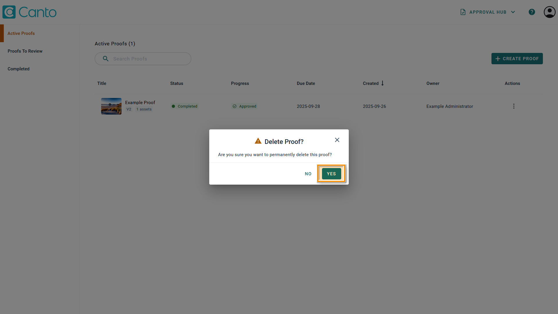 The verification dialog for the deletion of a proof - the "Yes" button is highlighted.