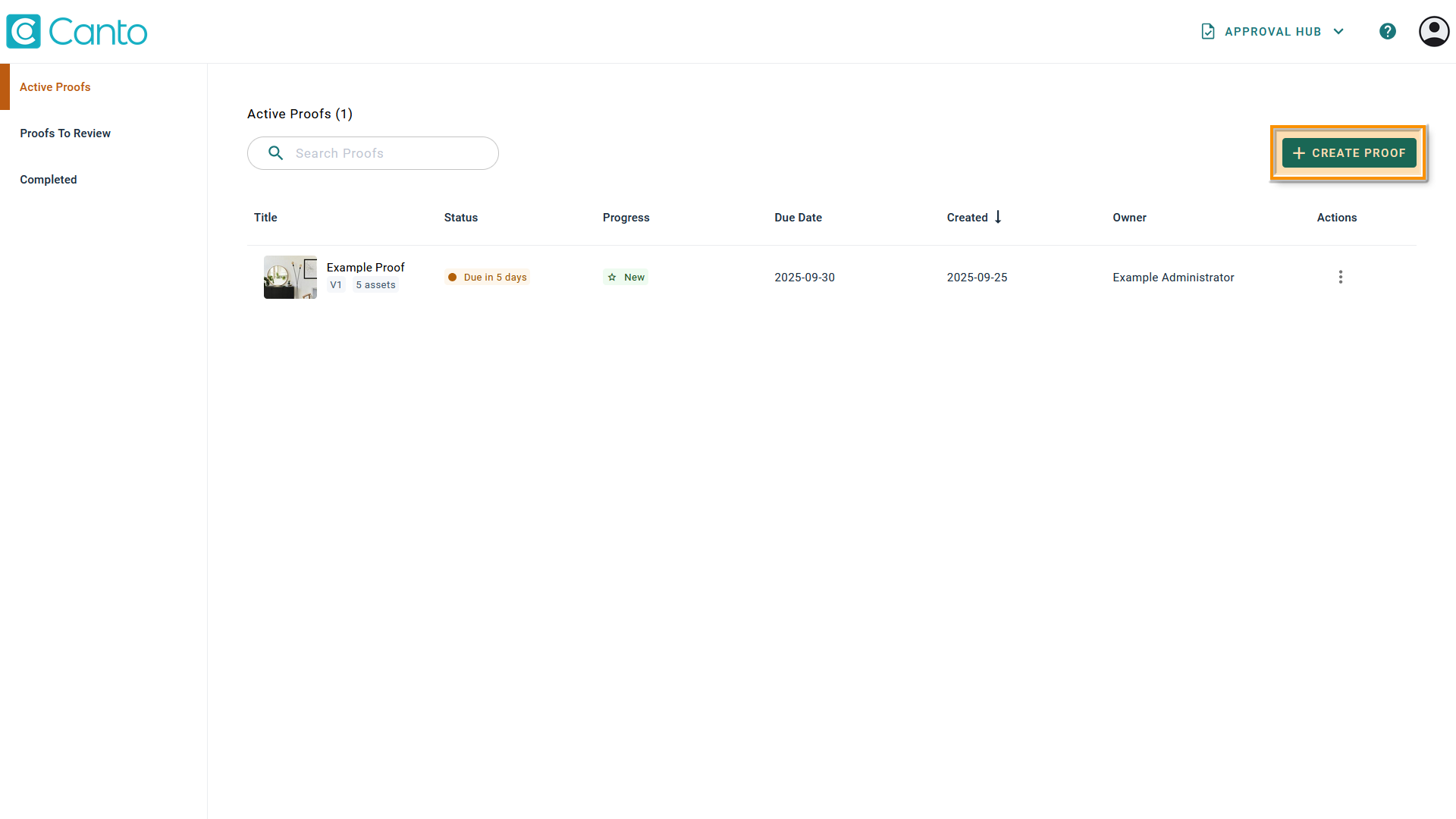 Approval Hub, the "Create Proof" button is highlighted.