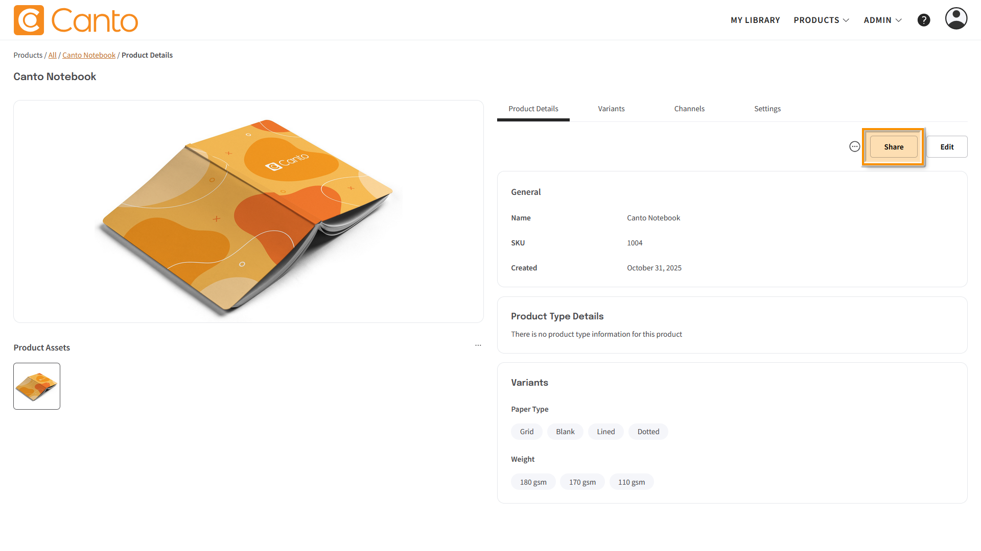 A Product page, the "Product Details" tab is visible - the "Share" button is highlighted.