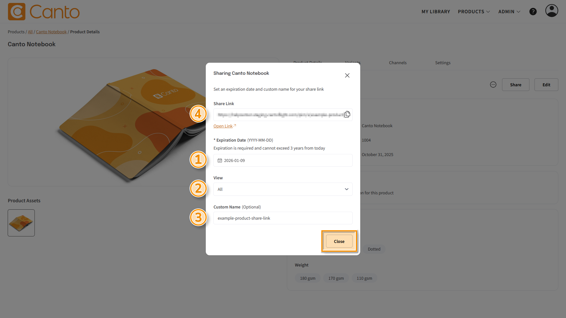 A Product page, the Share Link overlay is visible - several elements are highlighted.