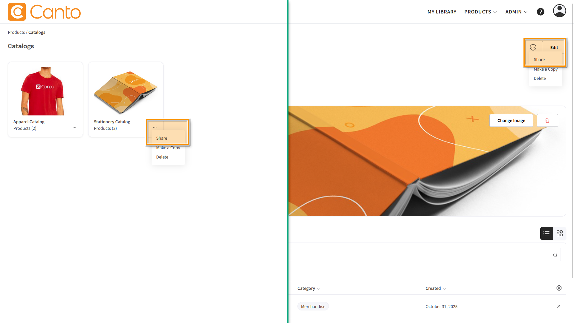 A composite image, the left side shows the Catalogs page, the right a Catalog Detail page - the "Share" button is highlighted.