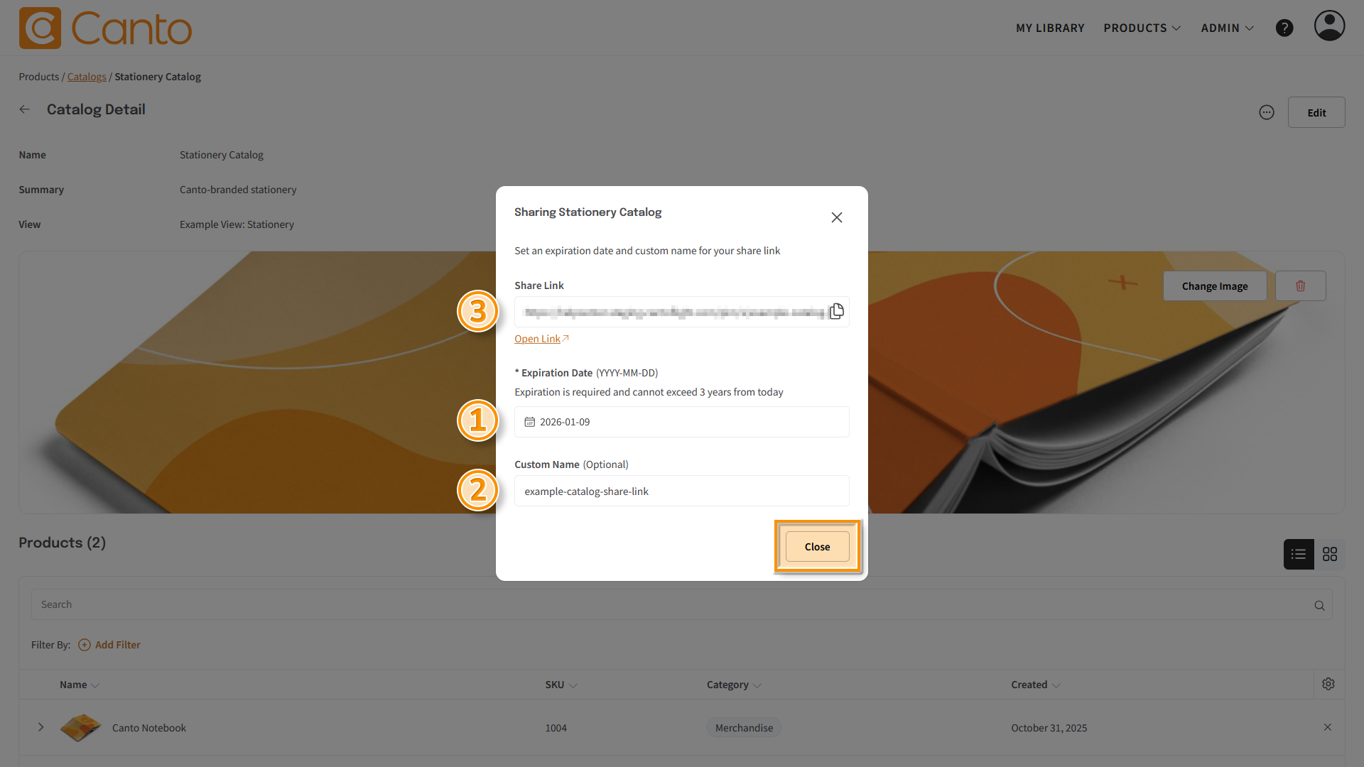 A Catalog page, the Share Link overlay is visible - several elements are highlighted.