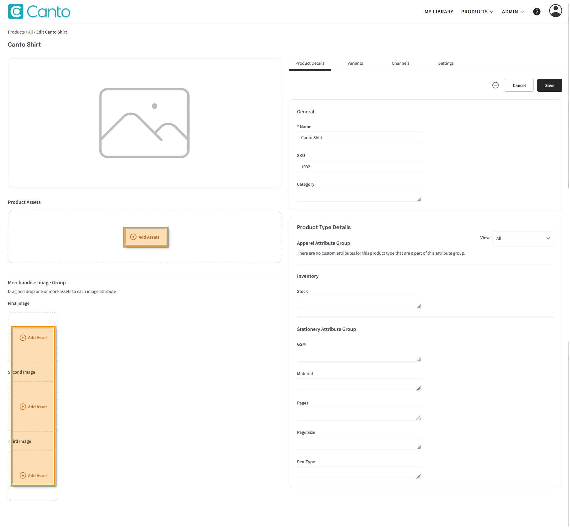 A Product page, the "Product Details" tab is visible - the "Add Assets" button is highlighted.