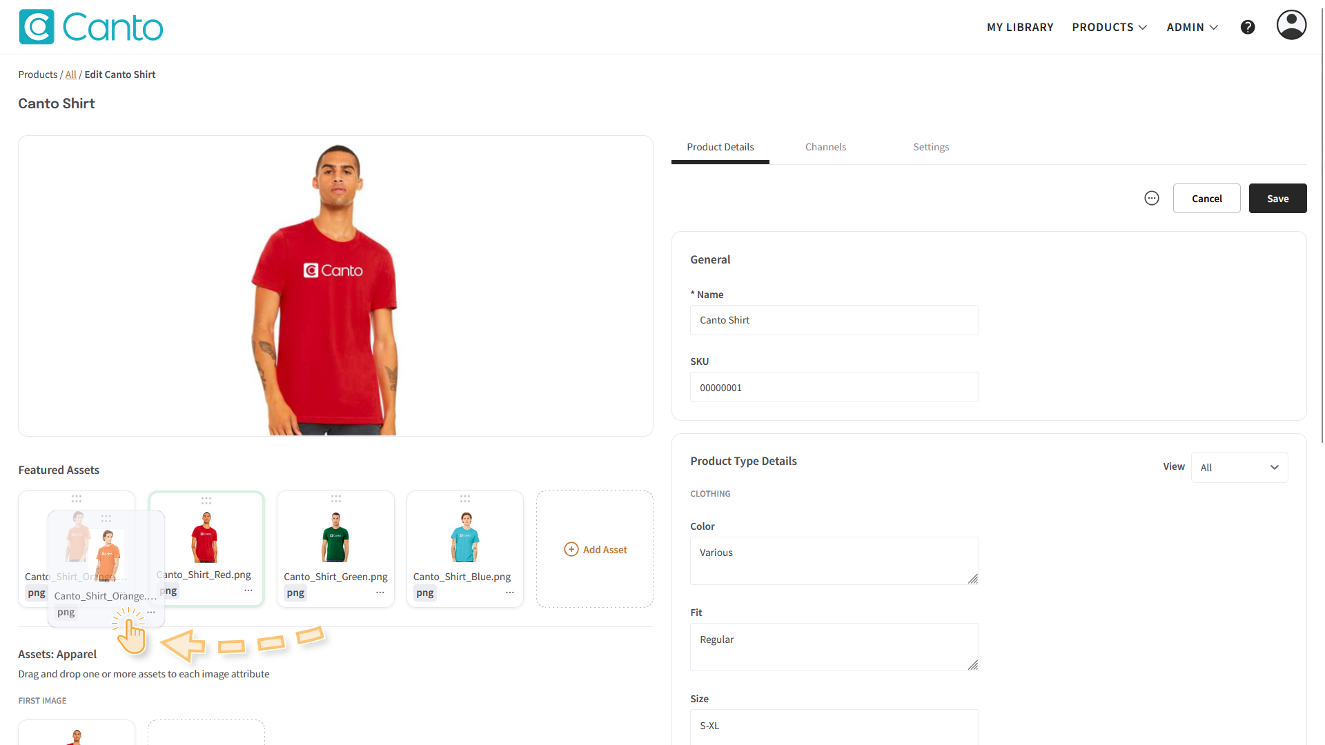 A Product page, the "Product Details" tab is visible - an asset is being moved.