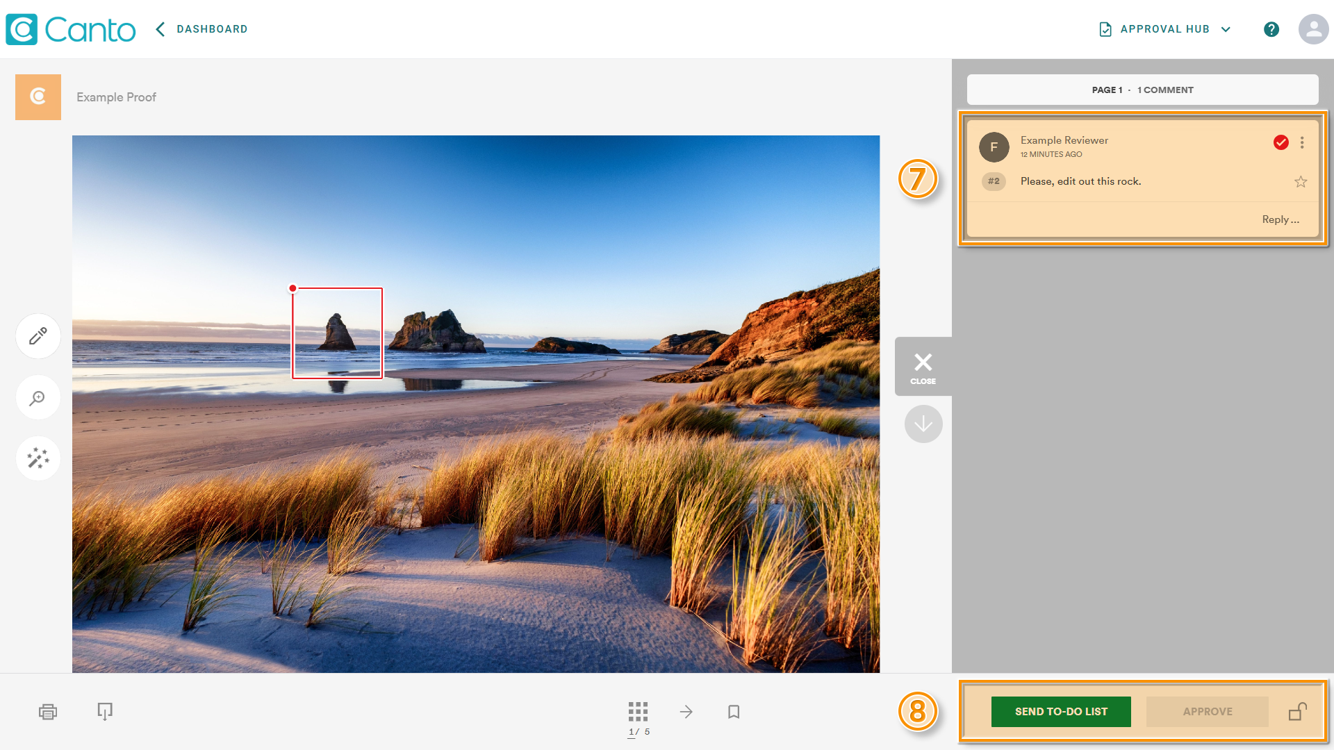 The Proofing Interface - several elements are highlighted.