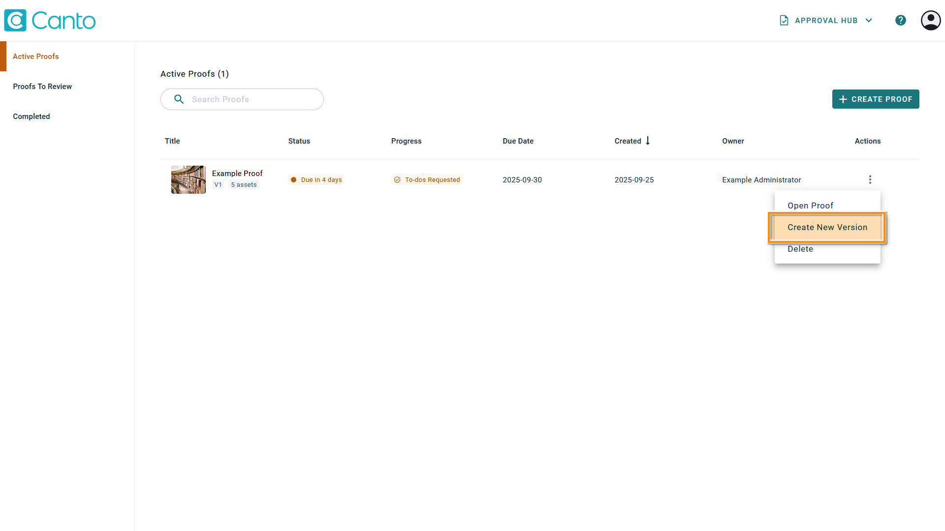 Approval Hub - the "Create New Version" option is highlighted.