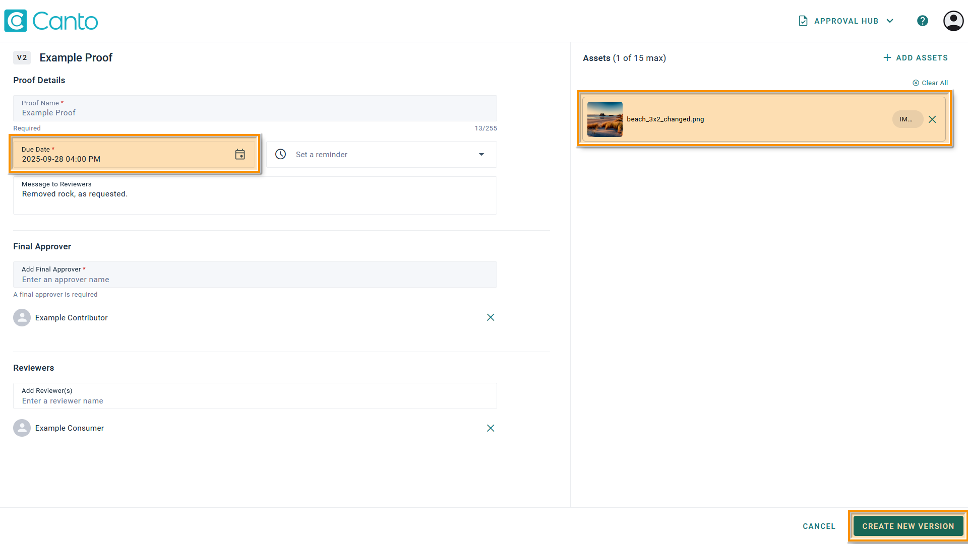 The proof creation page - several elements are highlighted.
