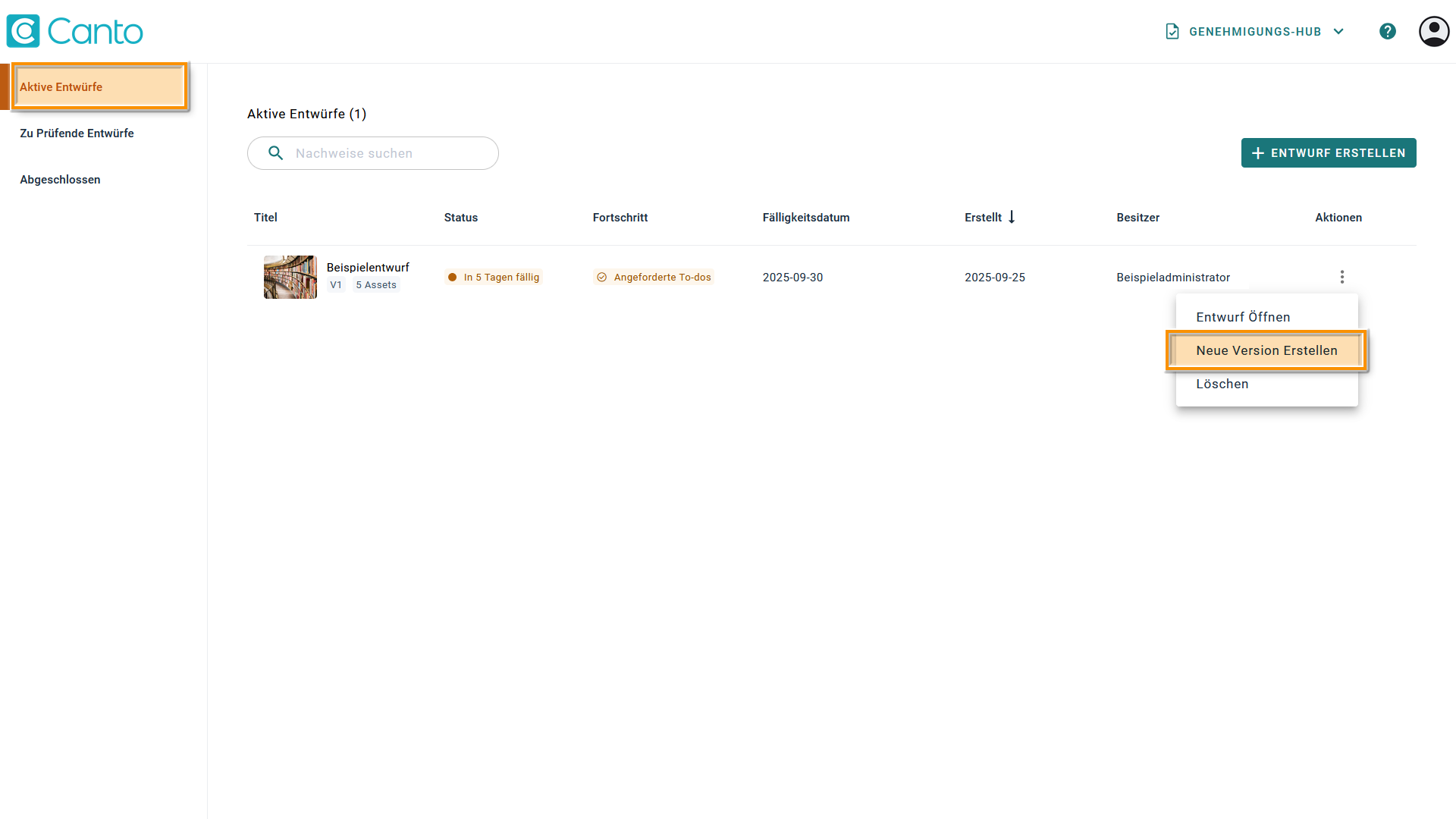 Der Genehmigungs-Hub - die Option "Neue Version erstellen" ist hervorgehoben.