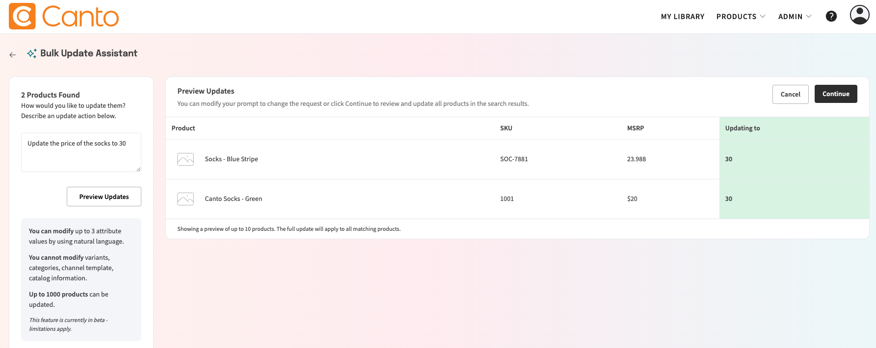 Preview Updates screen showing the updated field on the right