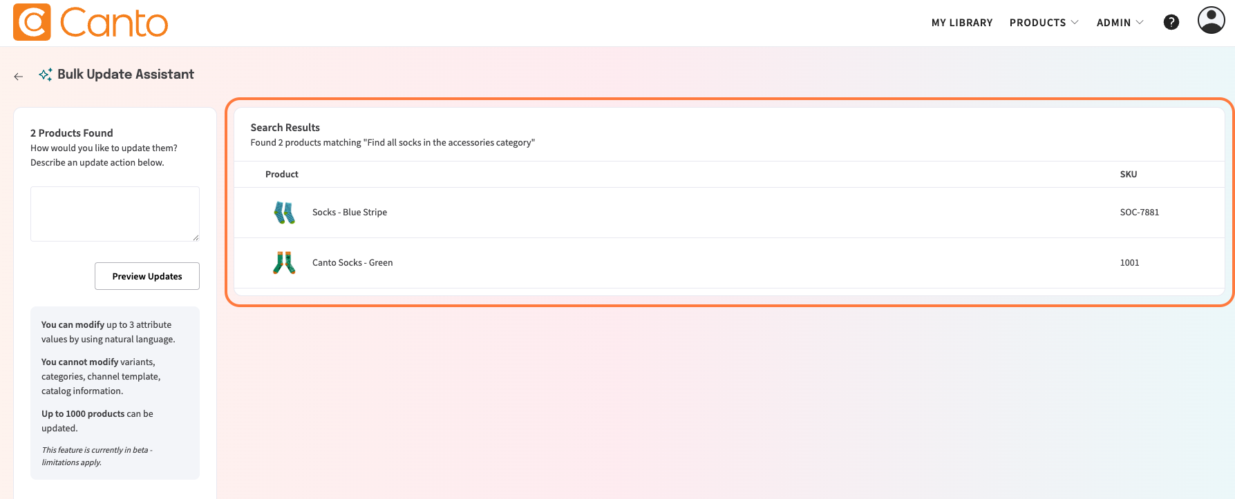 Preview list of matching product records on the right side of the screen